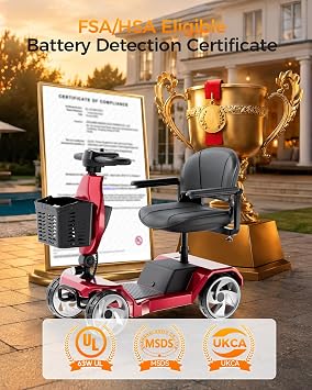 Foldable Mobility Scooters for Seniors, FSA&HSA Eligible,330LBS Capacity, Red Powered Electric Mobility Scooters, 4 Wheel Lightweight Mobility Scooters for Adults, Folding Travel Motorized Scooter