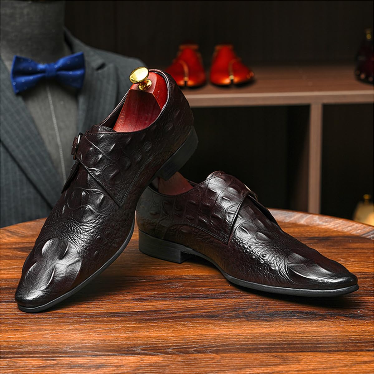 Mocasines Formales Negocios para Hombres Zapatos Monk Relieve en Punta en Cuero Genuino Zapatos de Vestir Slip On con Hebilla