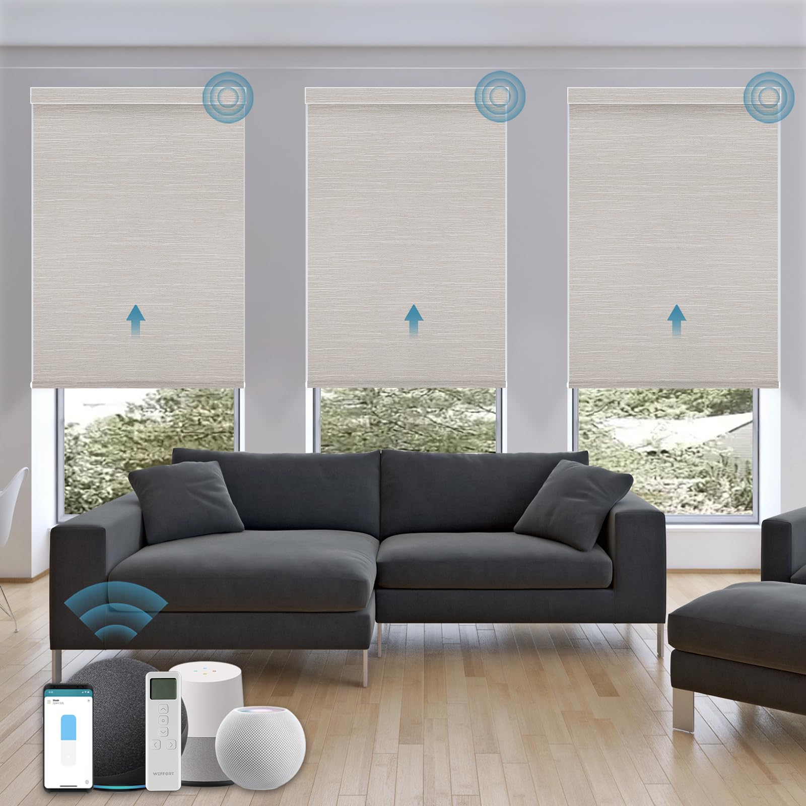 Motorized Roller Shade,100% Blackout Smart Window Blinds Work with Homekit, Alexa,Google Home, Remote, Electric Blinds with USB/Solar Pannel Charging,Classic Cream