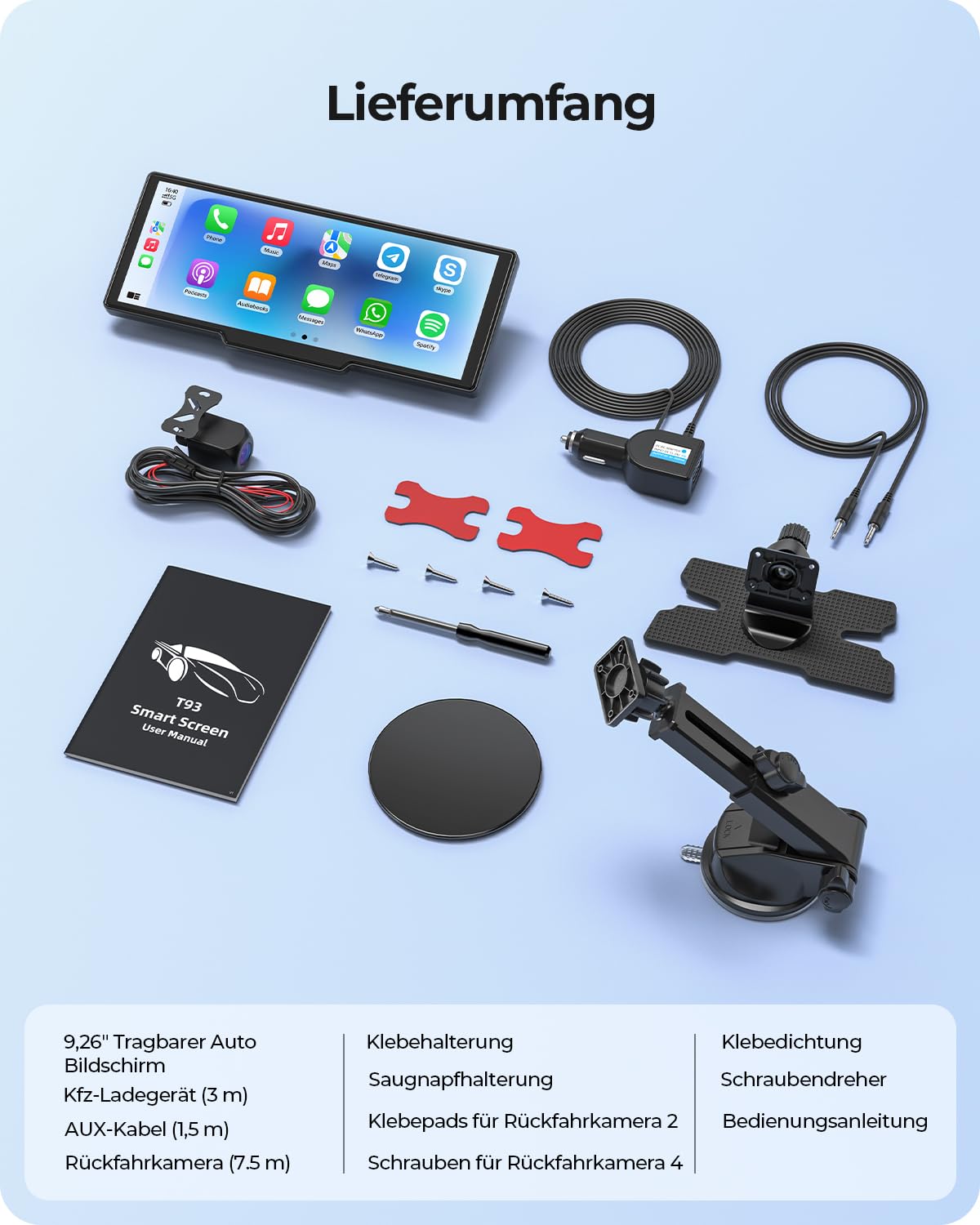 9,26" Drahtloses Tragbarer Car Play Display mit 4K-Front- & HD-Rückfahr-Dual-Dashcam für Apple CarPlay & Android Auto mit OTA-Updates, Mirror Link, Bluetooth 5.0, Sprachsteuerung, GPS, FM