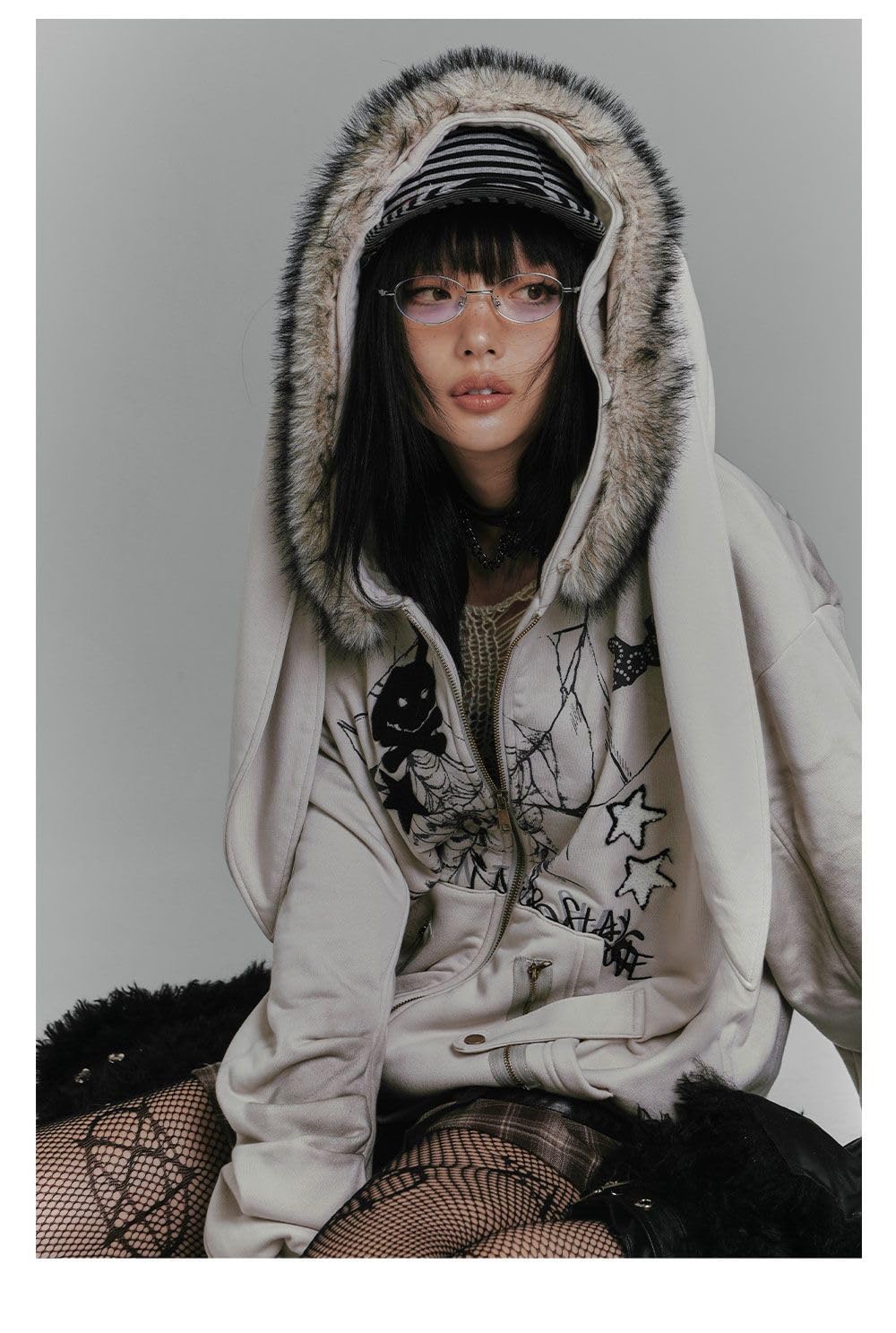 CEINOM Kawaii Bunny Ear Striped Long Sleeve Hoodies Women Harajuku Y2k Zip Up Sweatshirts Cute Style Autumn Winter Hoodies