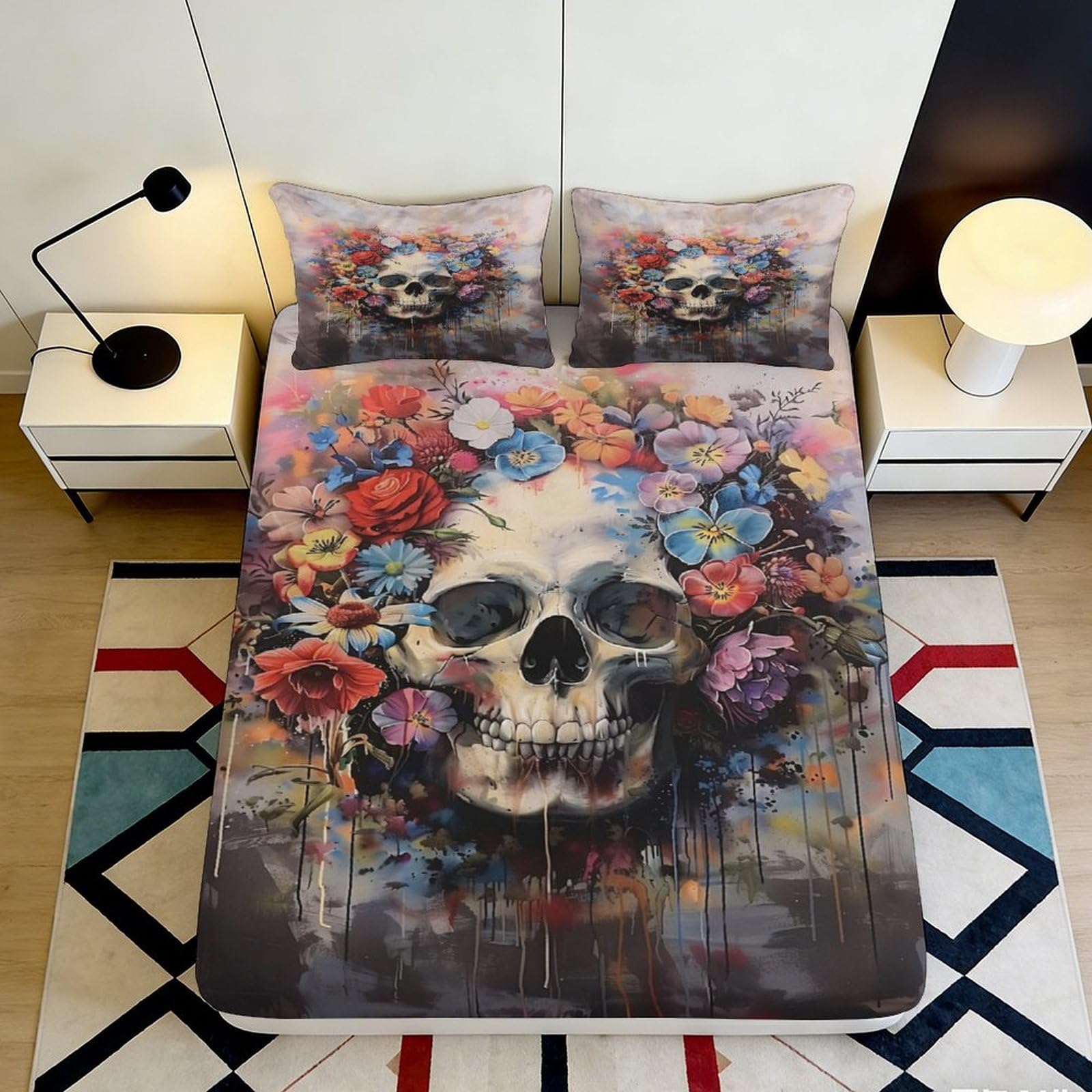 Pnayamiorkfel Style-3 3D Printed Skull Floral Fitted Sheet Microfiber Vibrant Artistic Bed Cover For Bedroom Dorm Easy Care Mattress Protection 90X200x25cm