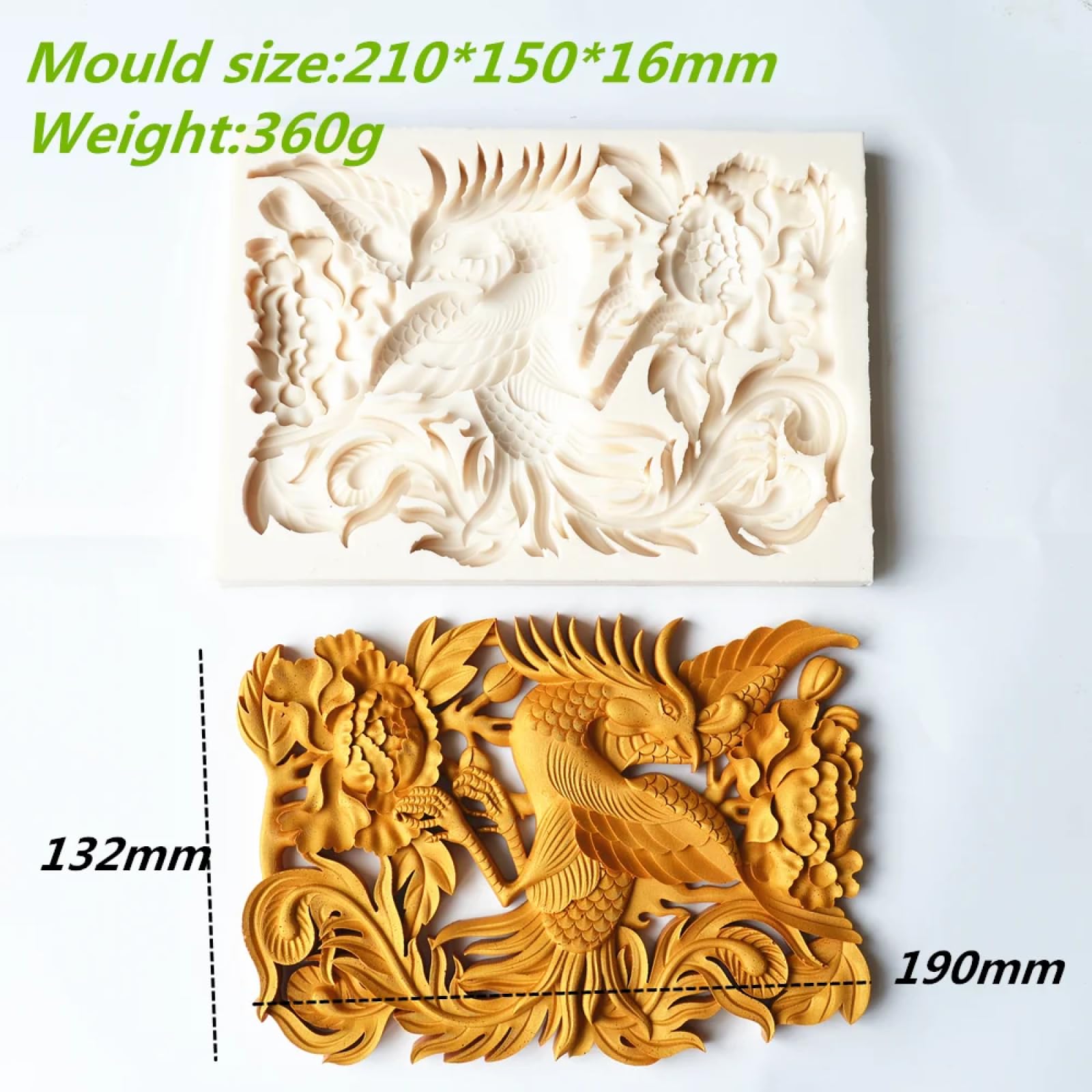 Molde de silicona para hacer fondant, 21 x 15 x 1,6 cm, molde de silicona para fondant, pasteles, chocolate, herramientas de decoración grande, estilo chino, fénix, peonía, alivio de peonías, moldes