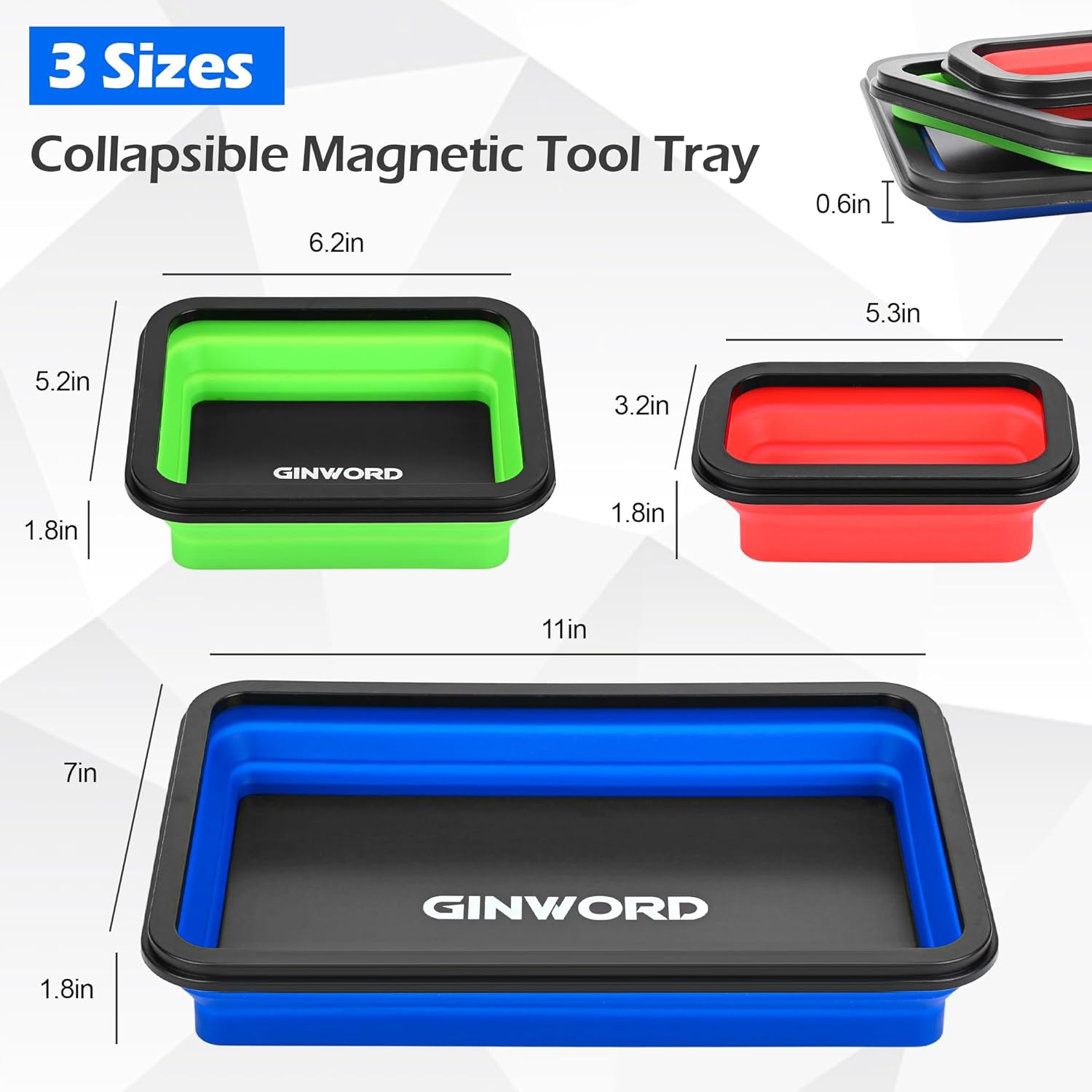 3Pcs Foldable Magnetic Partsn Trays Set with 3LBS Magnetic Pick-up Tool, 3 Size Silicone Magnetic Tool for Organizing Screws, Bolts, Nuts, Washers, Pins, and Other Small Metal Parts