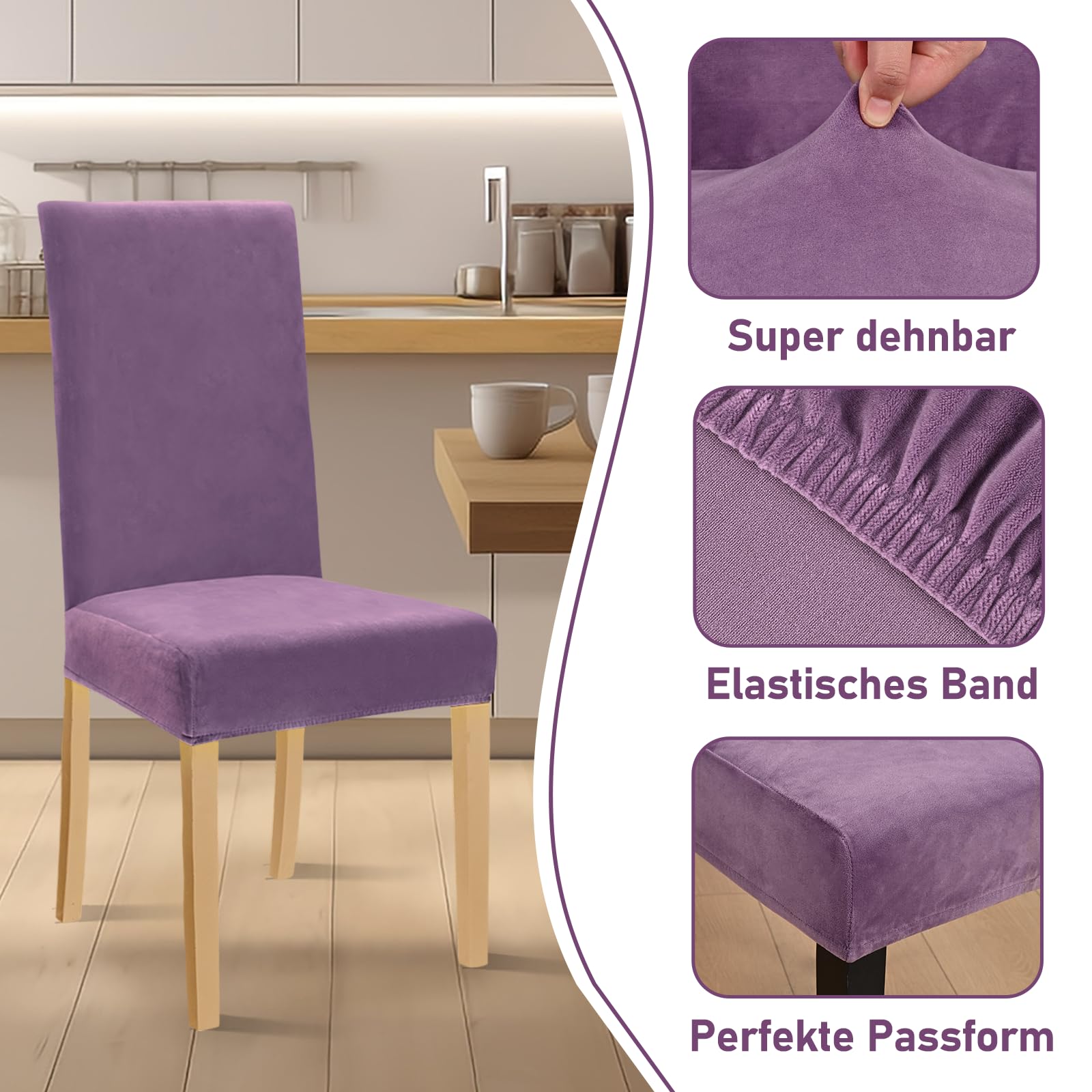 Alishomtll - Fundas elásticas de terciopelo para sillas, juego de 6 fundas, para sillas de columpio, fundas lavables, protección para sillas para cocina, restaurante, hotel, banquete, boda (gris lila