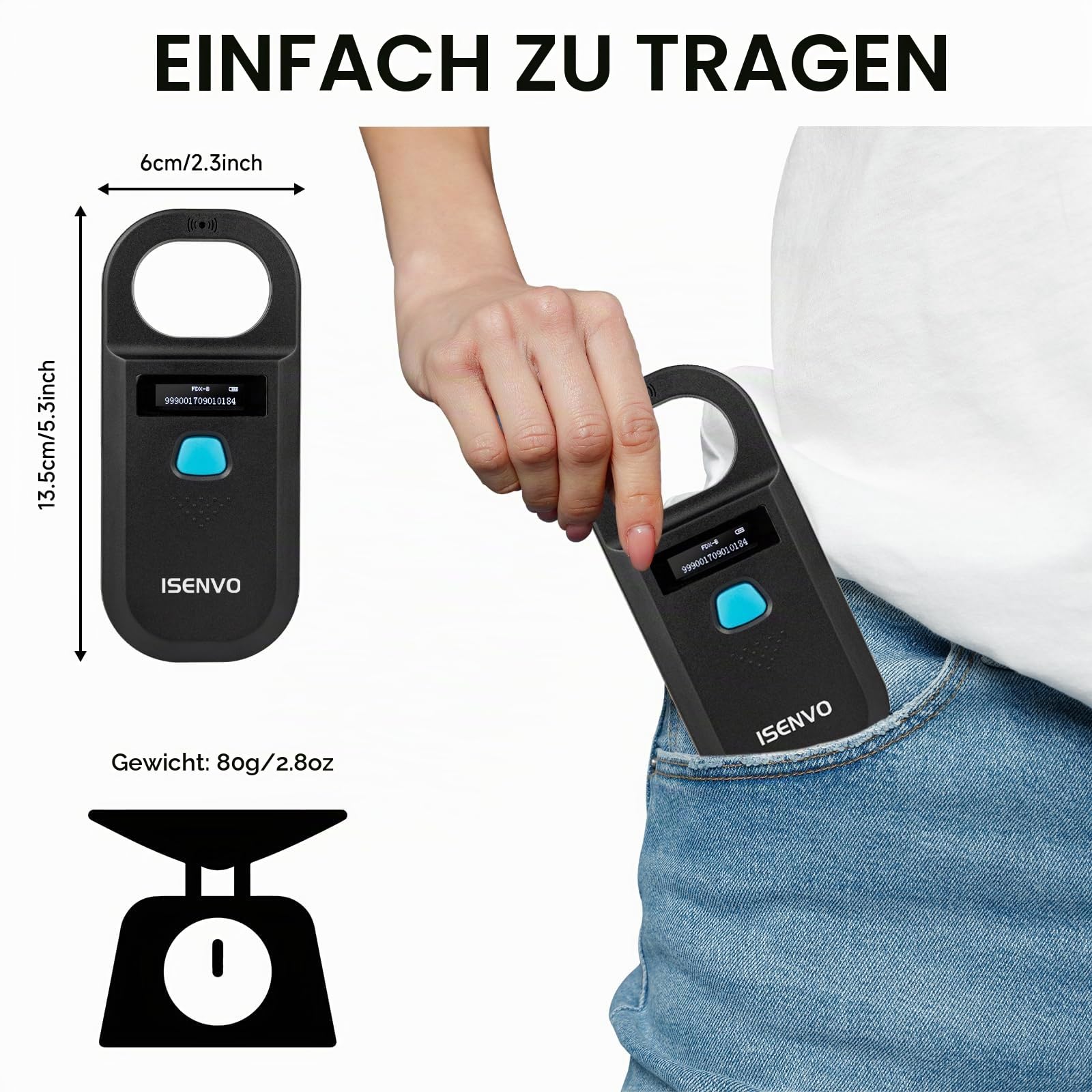 Haustier ID Lesegerät, Haustier ID Pet Scanner, Wiederaufladbarer, RFID Mikrochip-Leser 134,2 kHz 125 kHz, Liest Haustierchips in FDX-B (ISO11784/11785) und EMID-Mikrochips, 15 Ziffern