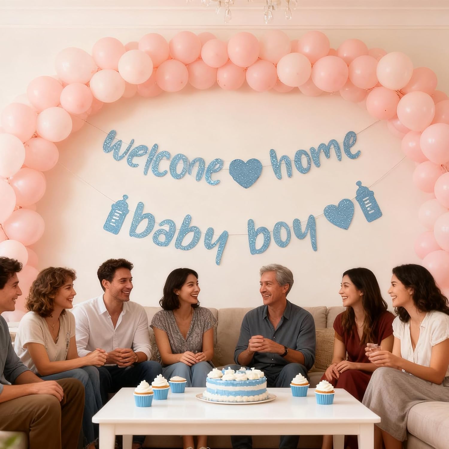 Welcome Home Baby Boy Banner, Baby Shower Banner Boy, Welcome Shower Decorations Reveal Gender Birthday Party Supplies, Blue Glitter Party Sign Decor(Blue)