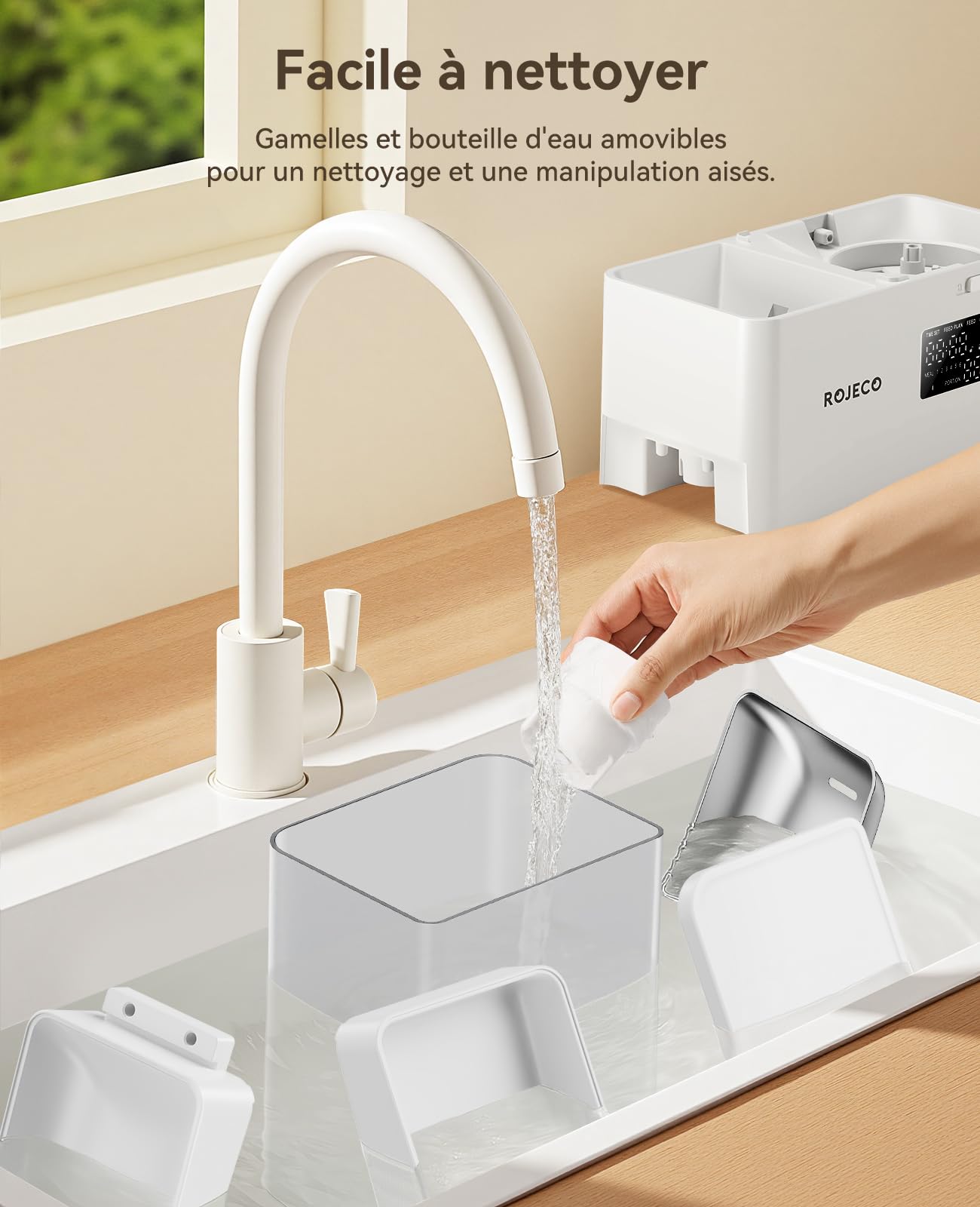 Rojeco Distributeur Automatique 2-en-1 Nourriture et Eau，8.5L Grande Capacité，Minuterie Programmable，Bols en Acier Inoxydable，Commande par Bouton，pour Chat Chien Petit Moyen Animal
