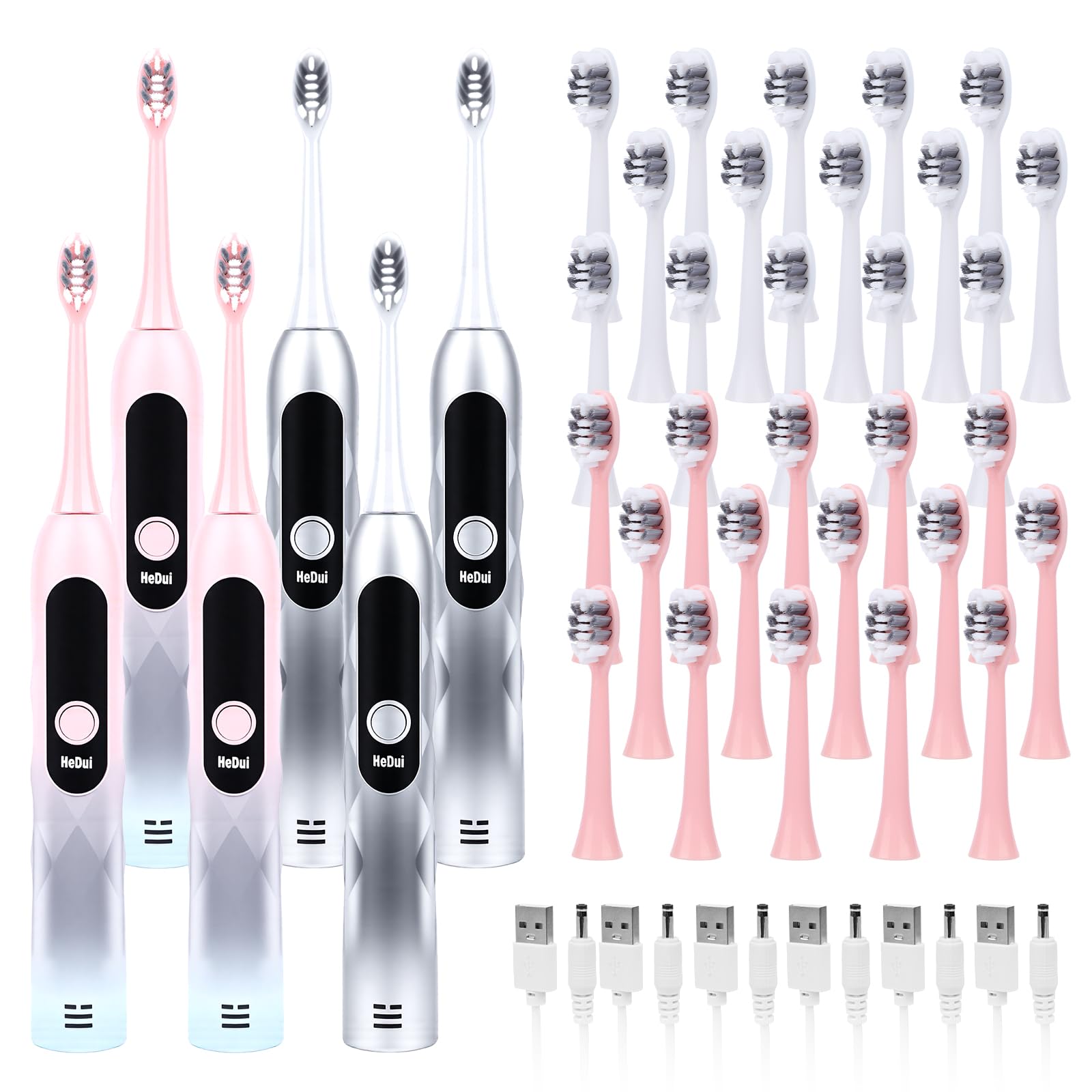 Confezione da 6 spazzolini elettrici per adulti Spazzolino sonico ricaricabile 5 modalità Setole morbide Durata della batteria 60 giorni Timer intelligente impermeabile rosa e argento