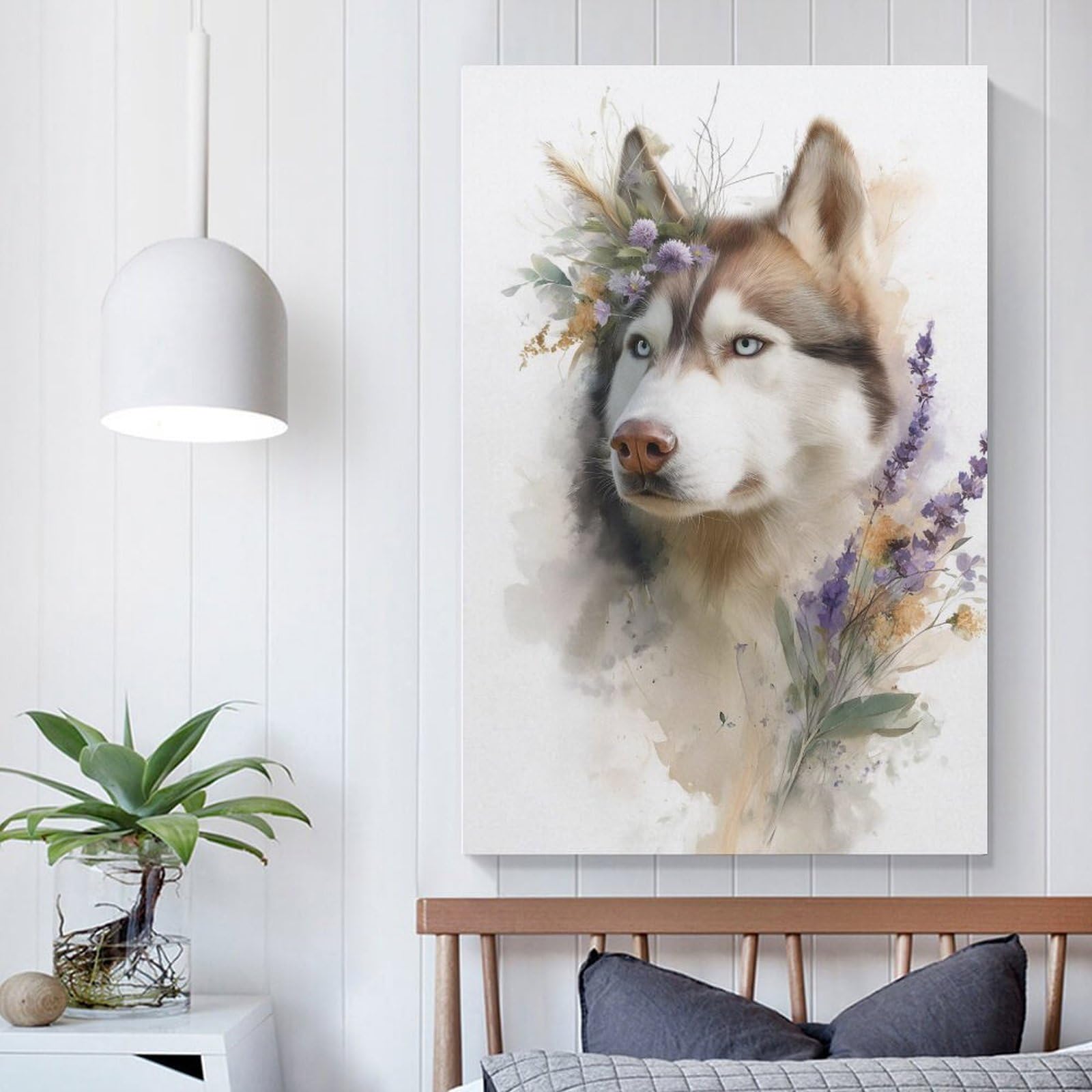 POLIUAWS Floral Husky Portrait Cheap Canvas Print for Bedroom Office Bathroom Decor Grey Wall Art 16x24inch(40x60cm)