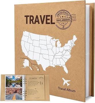 Travel photo album 4x6,6-Ring Binder Holds 100 Photos,25 Kraft Pages with Writing space USA map cover,travel journal for road trip family Vacation adventure memories with Photo Sleeves