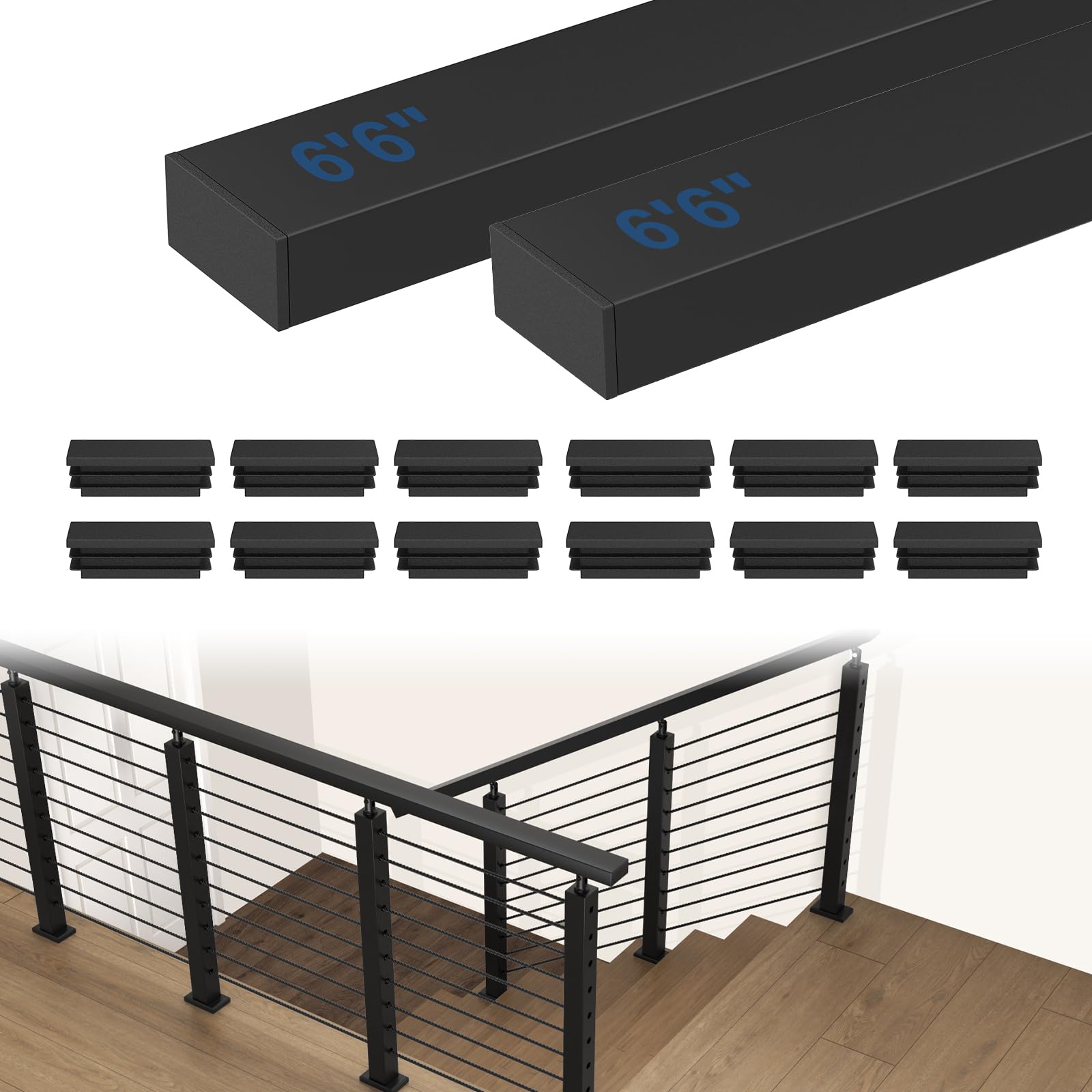 cke 2 pack 6'6"stainless steel handrail, cable railing handrail for indoor outdoor deck stair, flat top rail cable railing system, black rectangular hand rails deck railing kits with end caps, ht01