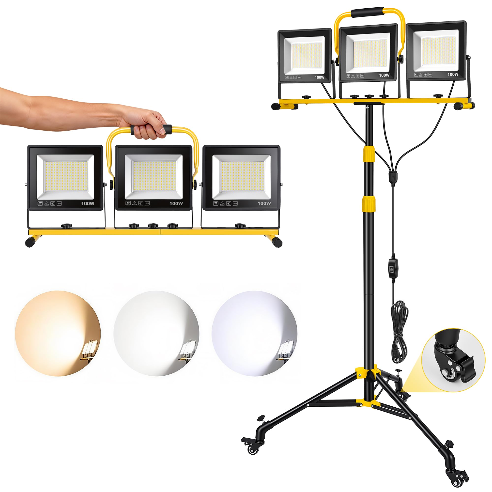 YEARTOP Baustrahler LED mit Rollstativ, IP66 Baustrahler mit 5 m Netzkabel | Höhenverstellbar 98-155 cm, 300W Baustellenlampe Dreifarbig (3000K/5000K/6500K) für Baustelle/Renovierung/Detailing/Werkstatt