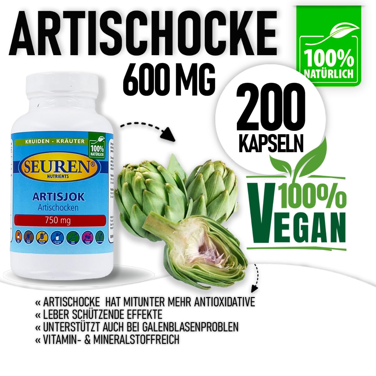 Seuren Nutrients | Artischocke 600 mg 300 Kapseln | Hochdosiert | Echter Artischocken Extrakt | Vergleichssieger | 100 Natürlich
