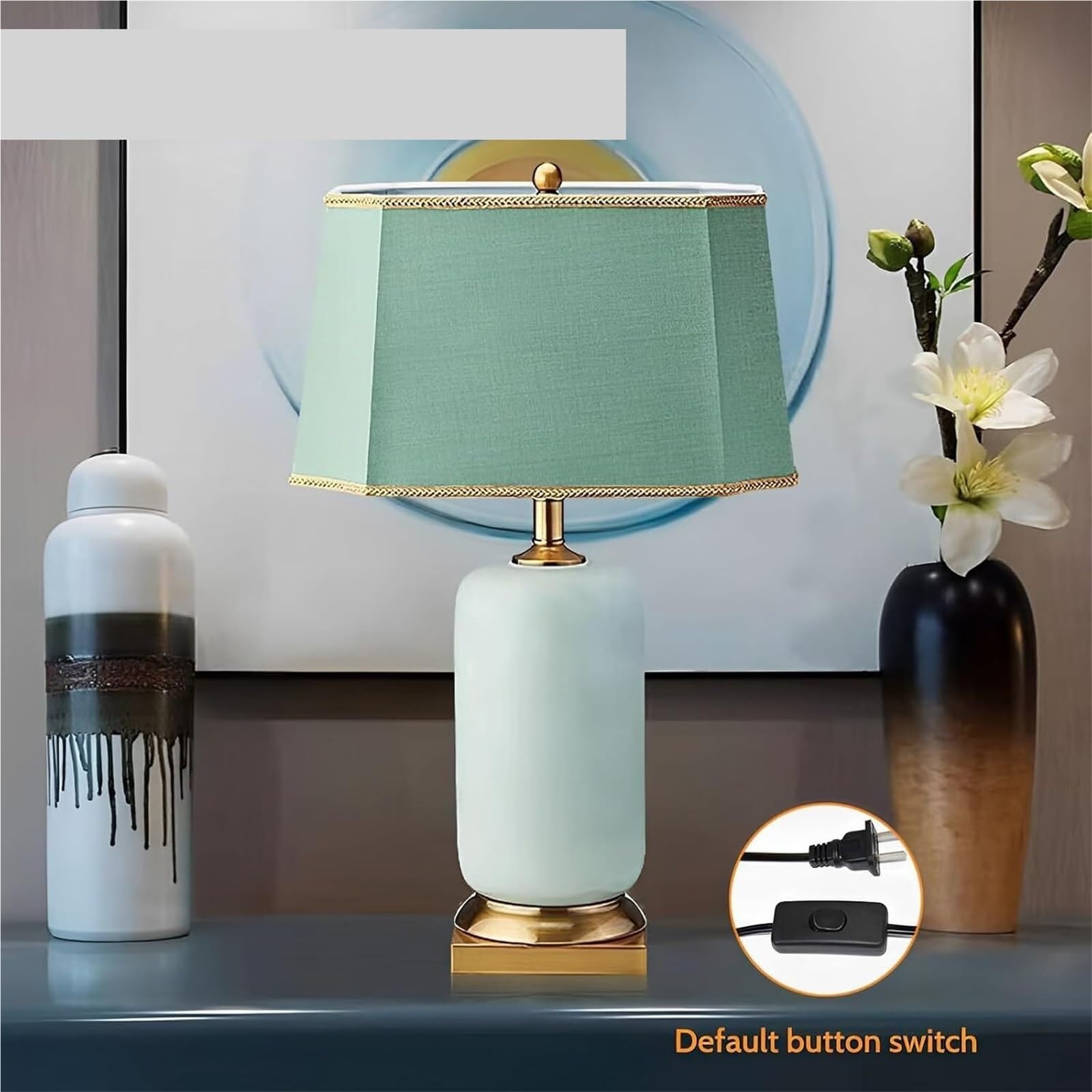 Lampada Da Tavolo In Ceramica Verde Da Pollici Lampada Da Scrivania A LED | Lampada da tavolo da comodino da comodino della metà del secolo con paralume rettangolare in tessuto