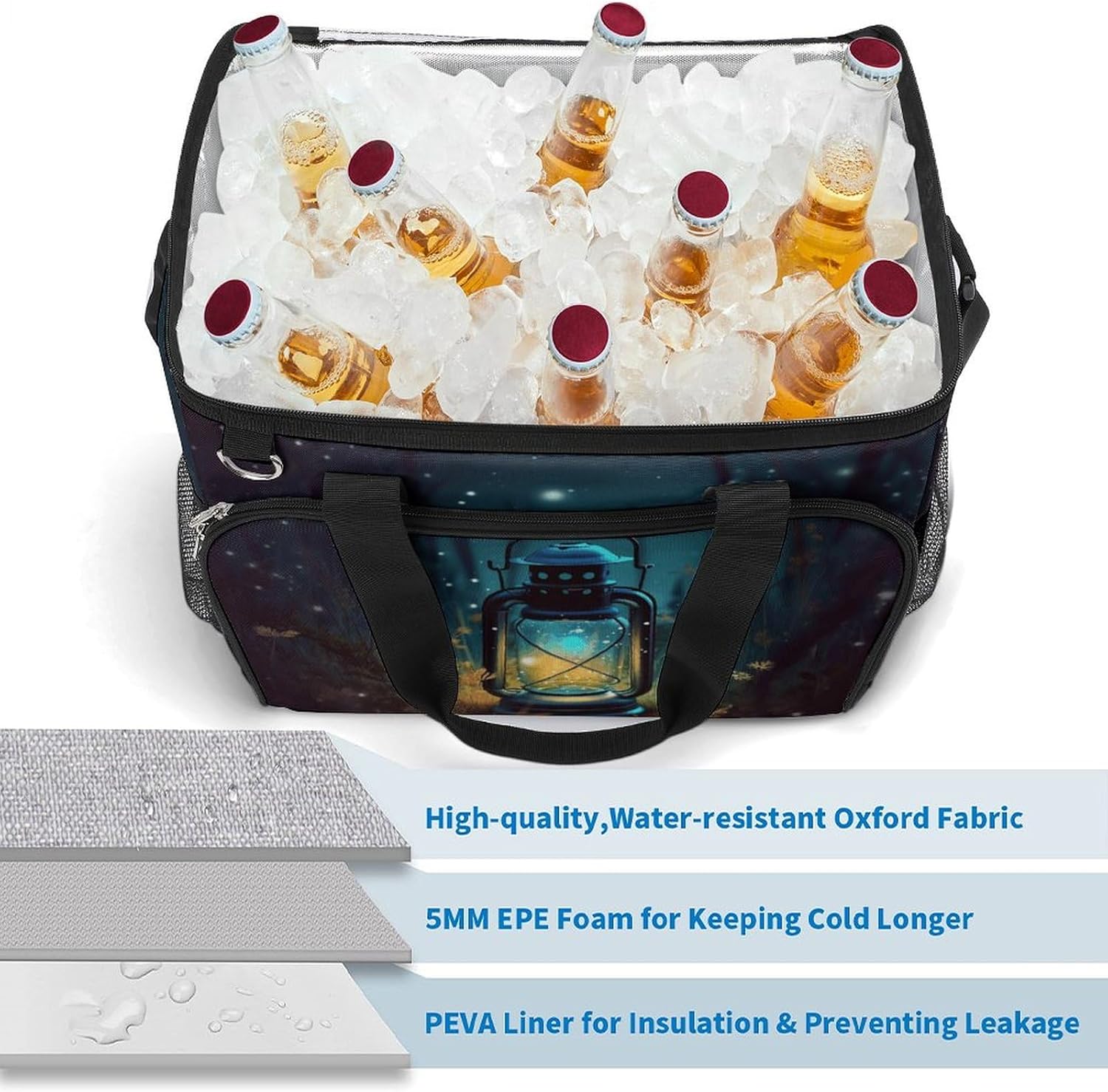 Portable Camping Cooler Pack,Fireflies and Lantern Print Reusable Lunch Pack,Outdoor Large Capacity Picnic Pack