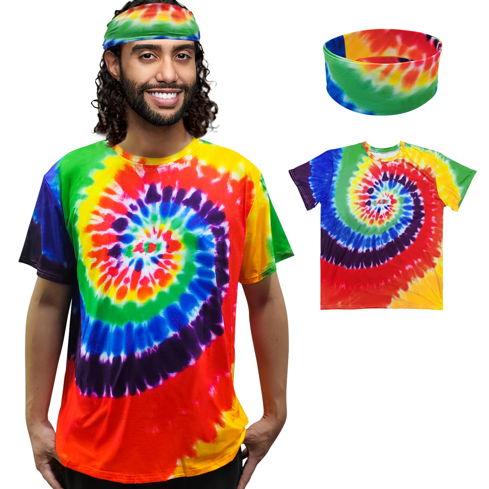 ATAMET Hippie Costume for Men Women 60s and 70s colorful T-shirt and headband 2-piece theme party
