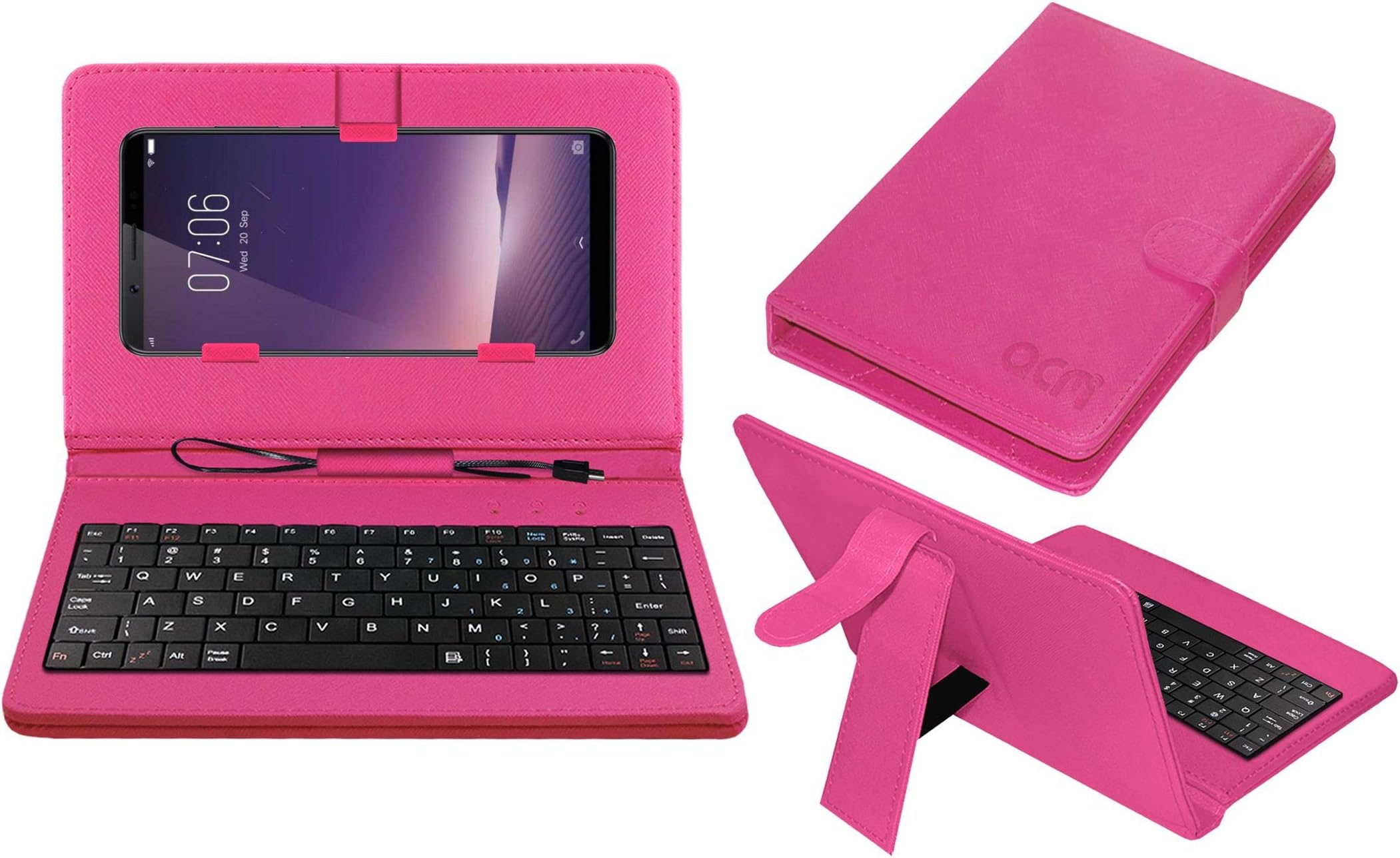 ACM Keyboard Case Compatible with Vivo V7+ Limited Edition Mobile Flip Cover Stand Plug & Play Device for Study & Gaming Pink