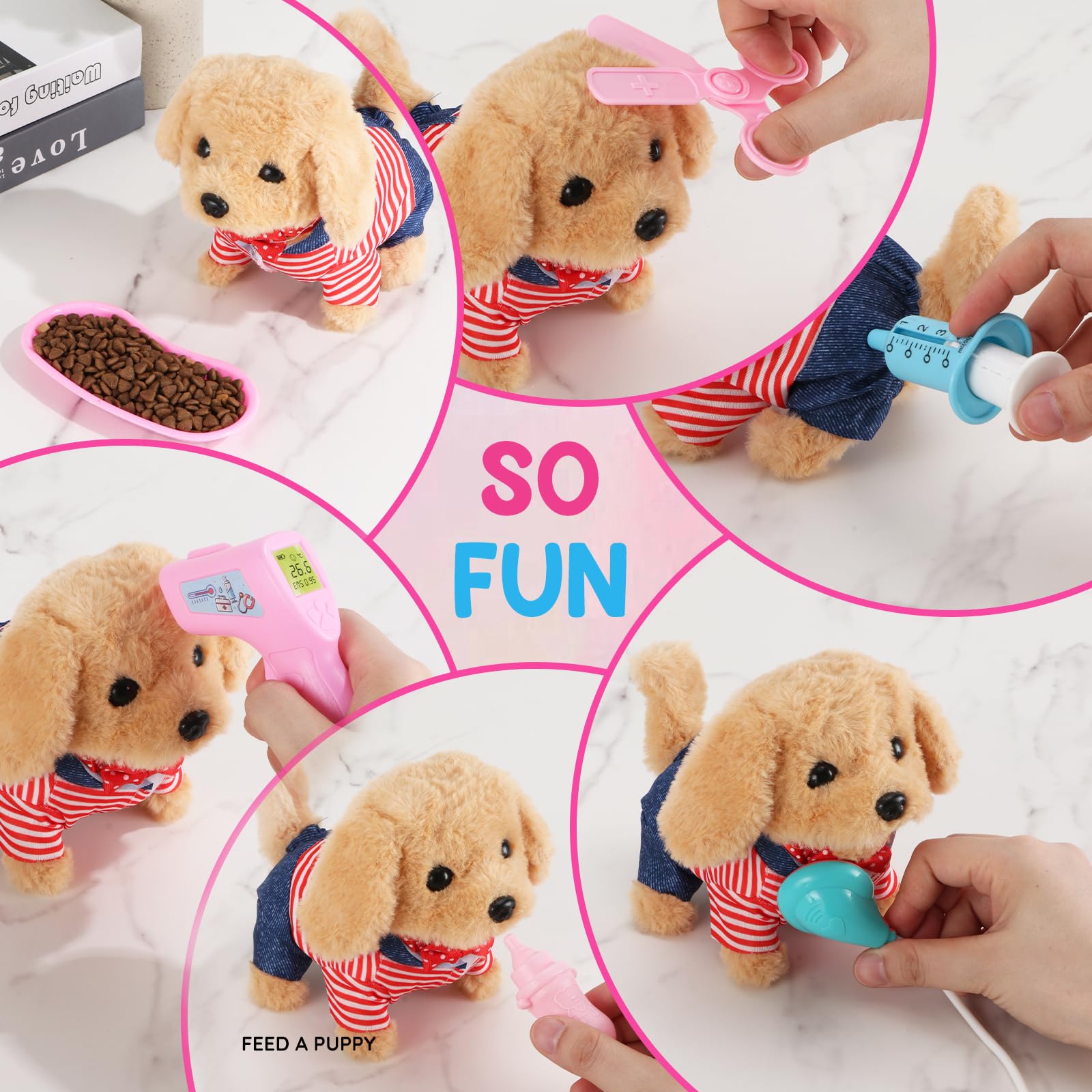 Toddler Toy 10 Pcs Interactive Retriever Robot Dog Toy - Walking & Stuffed Puppy with Stethoscope for Vet Role Play, Educational Toddler Gifts for 3 Year Old Girl