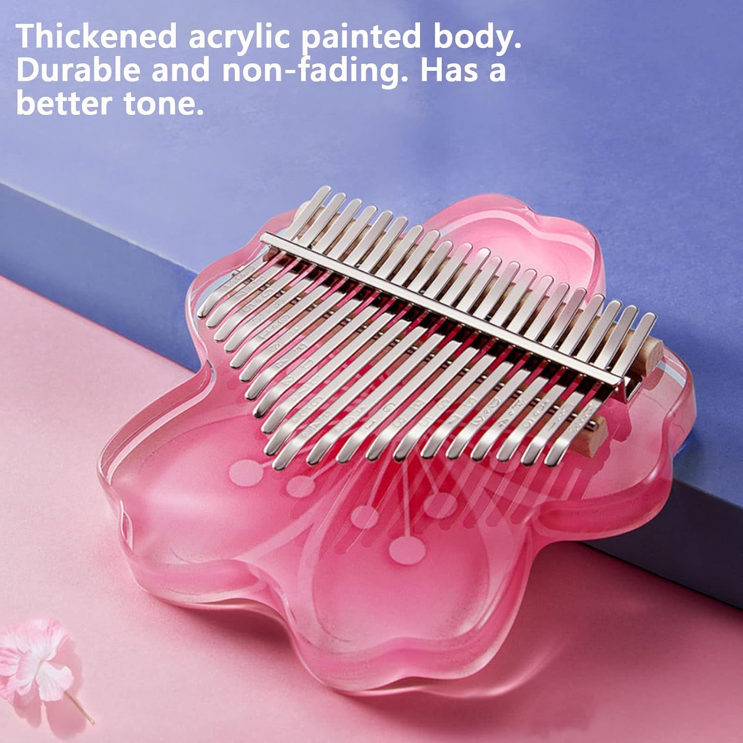 Karimba 17 Key Thumb Piano Set - Pink Acrylic Transparent Cherry Blossom Shape - Portable, Suitable for Beginners - Adult Tone Mixing Hammer with Storage Box & User Manual