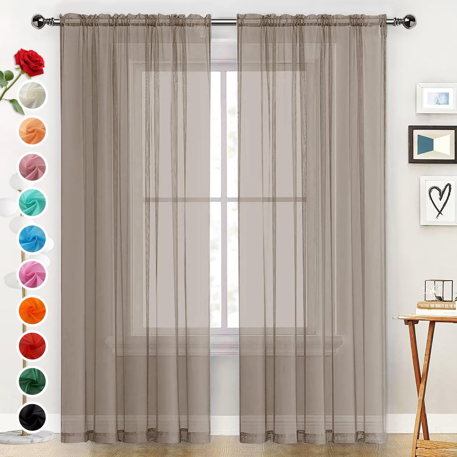 SpaceDresser Basic Rod Pocket Sheer Voile Window Curtain Panels Taupe 1 Pair 2 Panels 52 Width 45 Inch Long for Kitchen Bedroom Children Living Room Yard（Taupe, 52W x 45L） — image 1