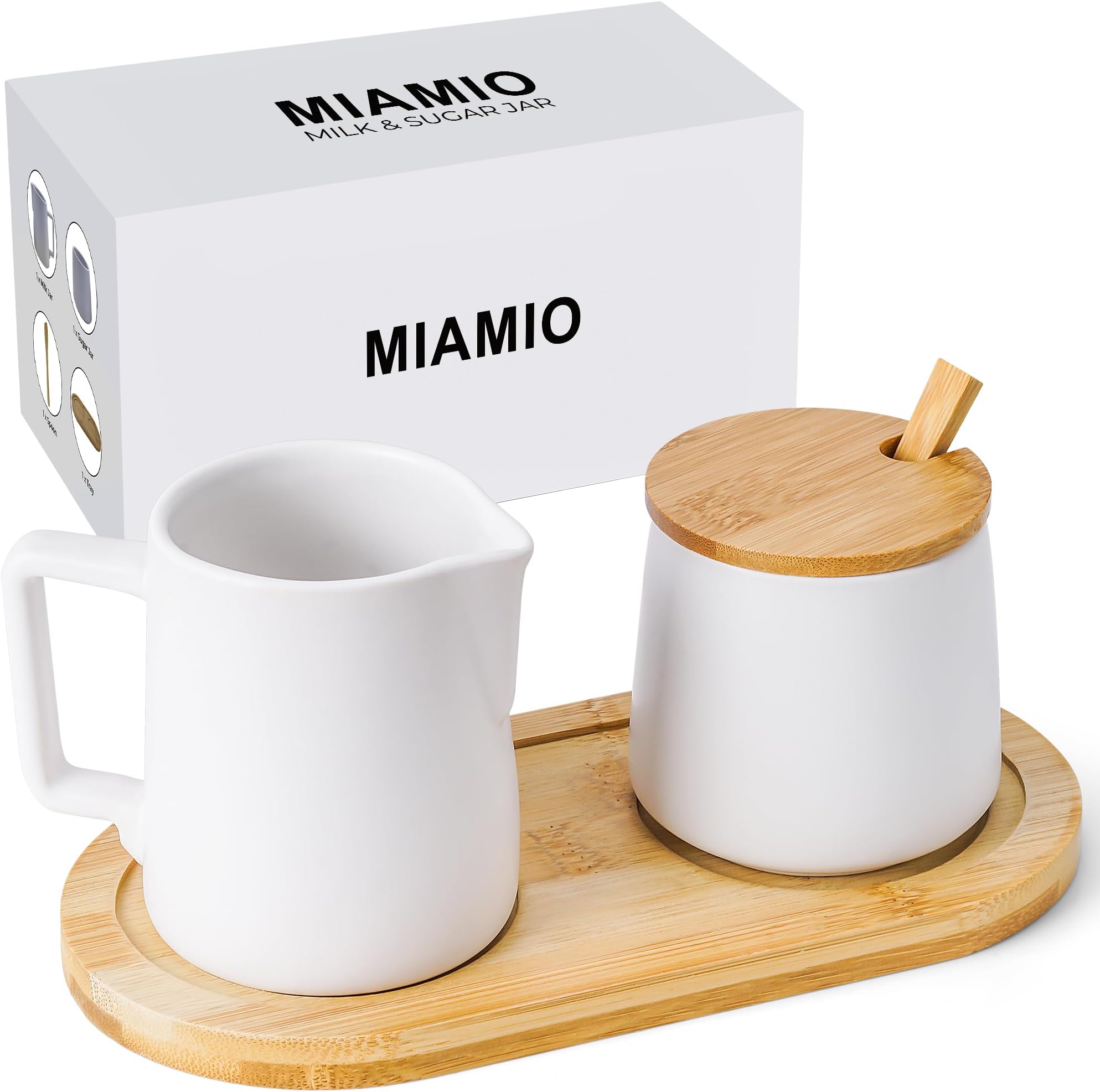Sugar and Cream Serving Set with Lid and Spoon/Ceramic Coffee Bar Accessories - Microwave & Dishwasher Safe (White)