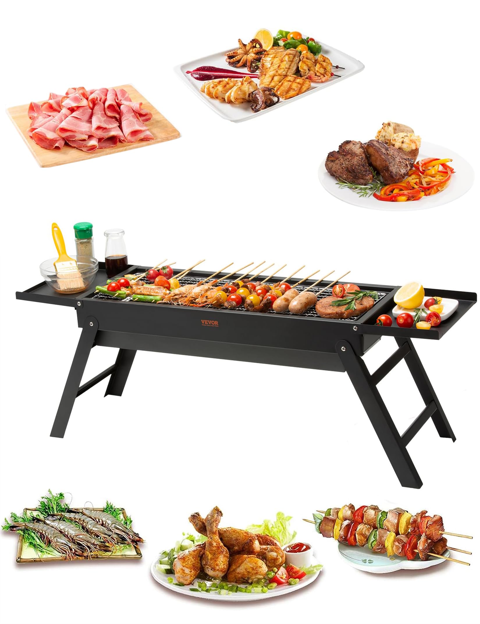 Foldable Stand Charcoal BBQ Grill Pullable Stainless Steel 24 Inch Portable Tabletop Barbecue Gril with Mesh Rack for Outdoor Camping Garden Picnic Backyard Party