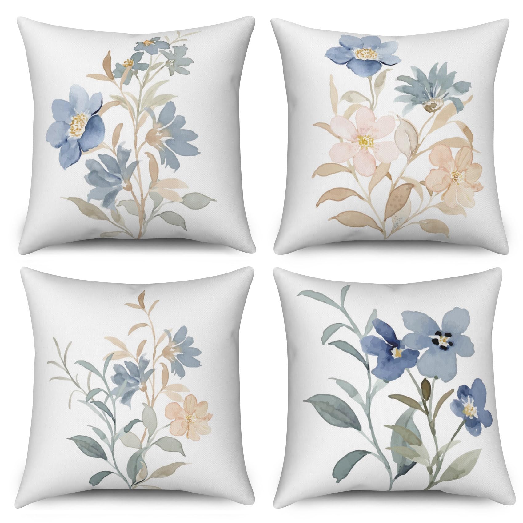 ASDCXZ Flower Pillow Cover 45x45 cm 4pcs Set, Watercolor Blue Pink Flower Leaves Sofa Deco Pillow Covers Washable Polyester Flax Textile Outdoor Upholstery โ image 1