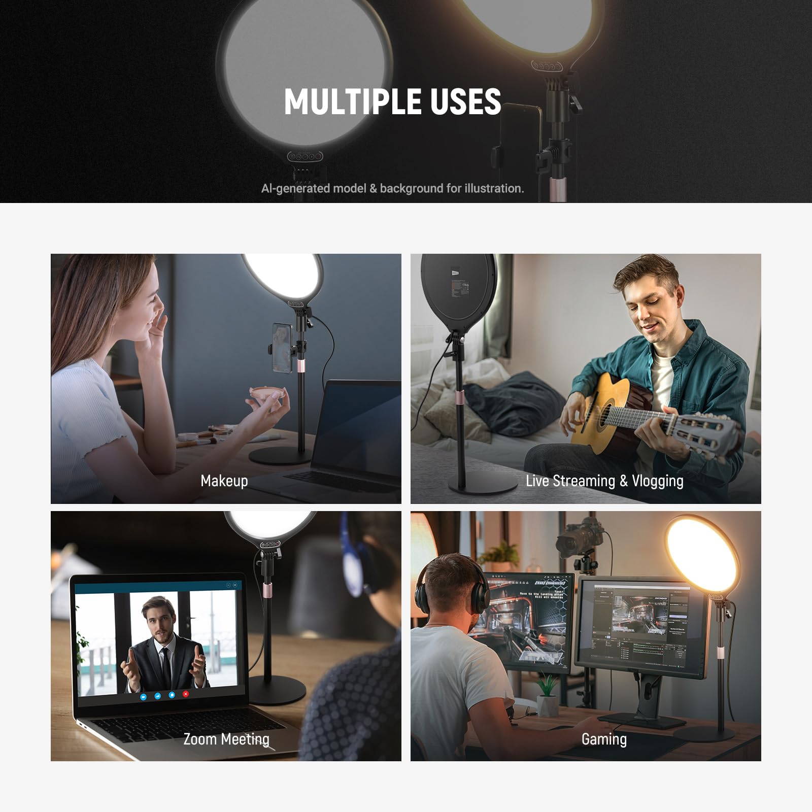 NEEWER Basics 2 Pack 10,5" 27cm Aro Luz Escritorio con Soporte/Soporte Móvil//Timer, 3000-6500K Full Screen 15W LED Panel Foco para iPhone Grabación Streaming Selfie Webcam Videoconferencia Zoom, R10