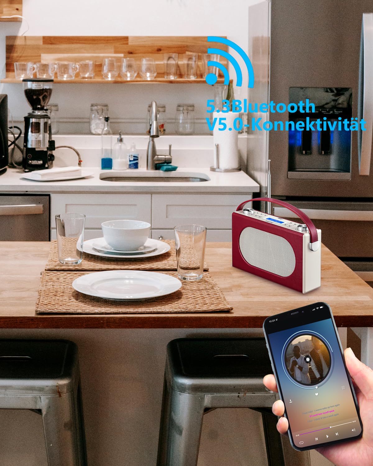 Tragbarer Retro Design DAB Plus/FM Radio, Bluetooth Lautsprecher DAB + Radio mit Wiederaufladbarer Lithium-Akku, Radiowecker, Starkem Empfang, Inklusive DC Netzkabel (Rot)
