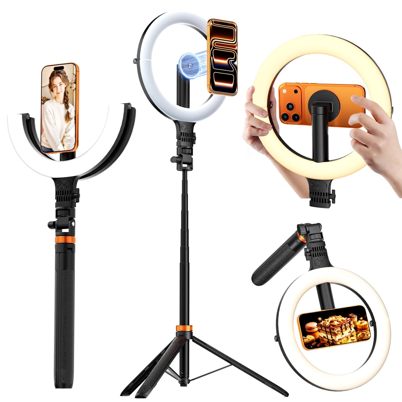 CloudValley Aro de Luz Magnético 10" con Trípode 76", Trípode para Teléfono con Luz Recargable 5000mAh, LED Plegable con 3 Modos & 10 Niveles de Brillo para Maquillaje, Selfies, TikTok