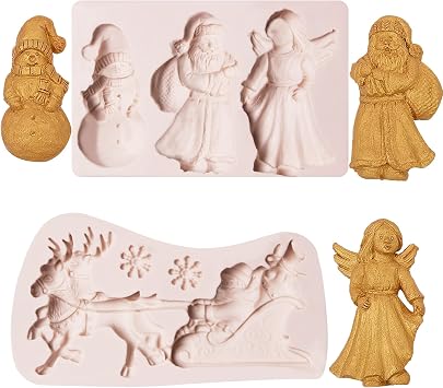 Christmas Fondant Molds 2 Pcs, Santa Claus Snowan Our Lady Feather Silicone Chocolate Mold for Reindeer Snowflake Deer Moluld Cake Decoration, Candy Sugar, Cupcake Topper, Christmas Baking Supplies