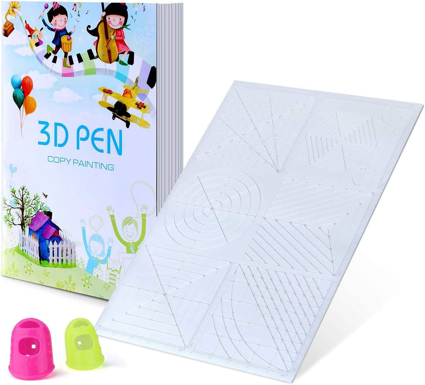 PARNER Large 3D Printing Pen Silicone Design Mat with Basic Template Printing Book, 2 Silicone Finger Caps, Clear PVC Drawing BOAD - Great 3D Pen Drawing Tools