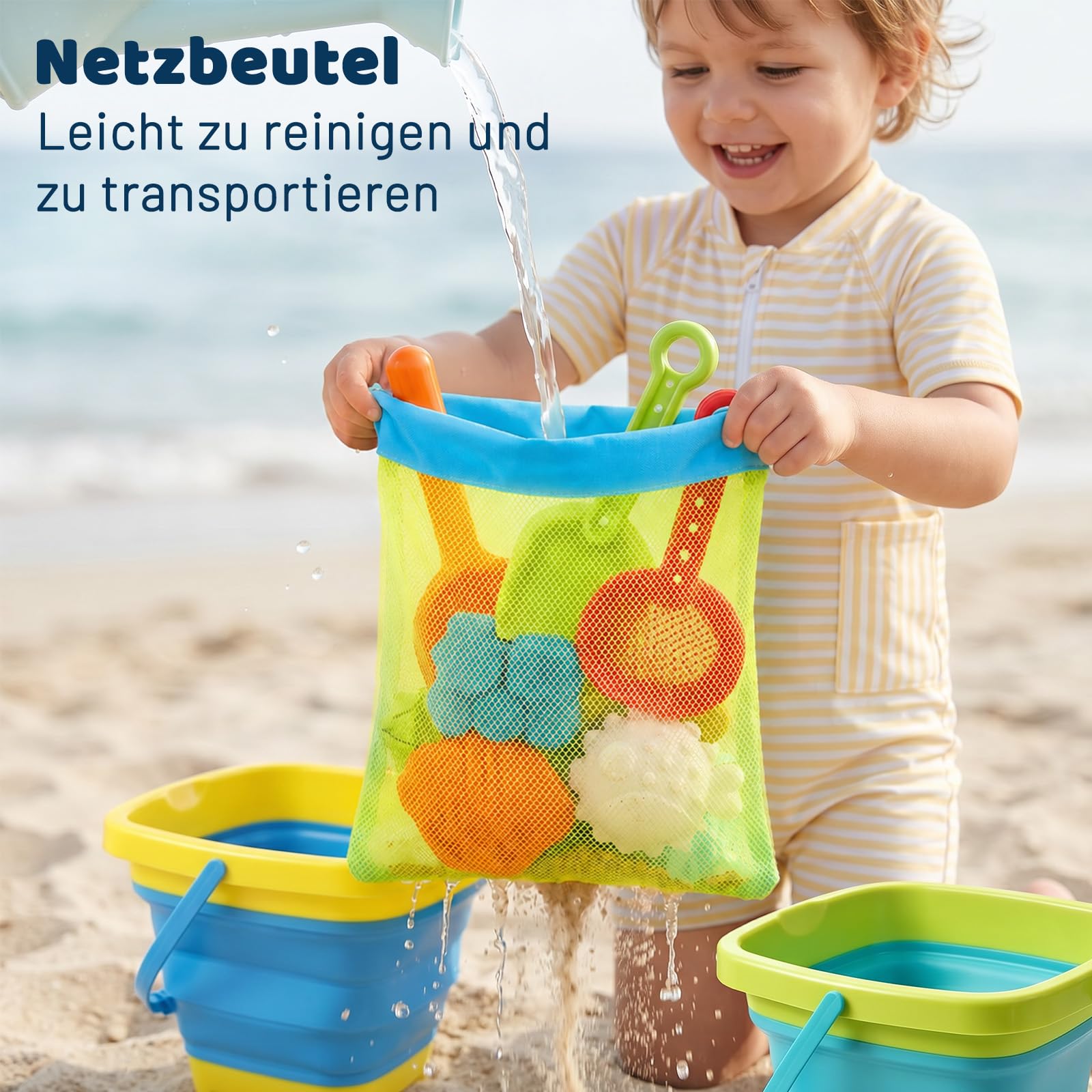 21 in 1 Sandspielzeug, Strandspielzeug Kinder Sandkasten Spielzeug mit Faltbarer Eimer, Innovative Handtaschen, Sandschaufel, Sandformen, Tragbar und platzsparend für Jungen Mädchen Kinder
