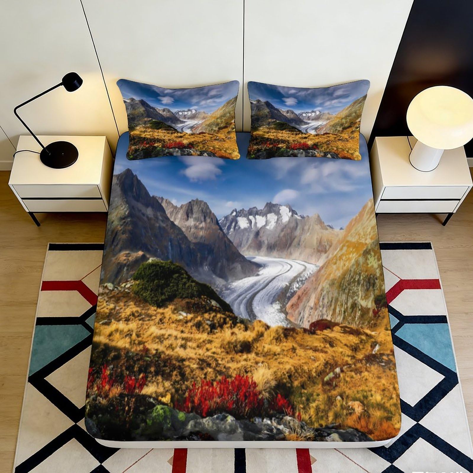 3D Printed Mountain Landscape Fitted Sheet Microfiber Soft Durable Glacier Valley Bed Sheet for Bedroom Dormitory Guest Room Mattress Protection Decor 200x200x25cm