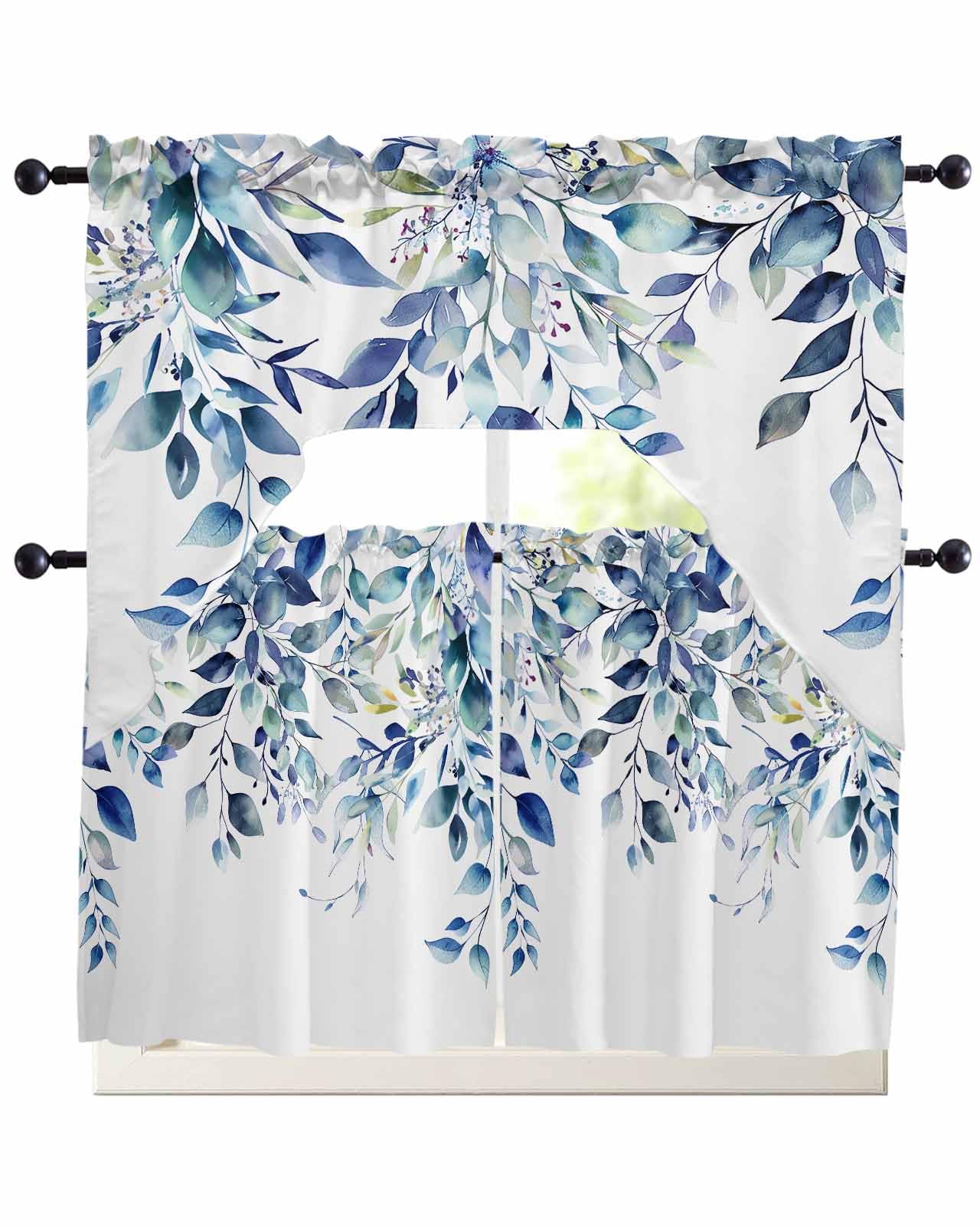 Blue Eucalyptus Leaves Swag Kitchen Curtains Valance and Tier Set 24 Inch Length, Summer Floral Rod Pocket Swag Curtains for Living Room Bedroom
