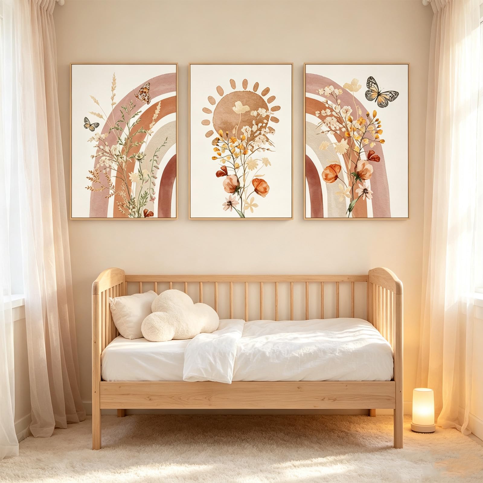 ZBELLO Boho Rainbow Floral Butterfly Canvas Wall Art Set of 3, Neutral Watercolor Wildflower Sun Print Pictures, Minimalist Boho Wall Decor for Living Room Bedroom, Unframed (21x30cm,rainbow)