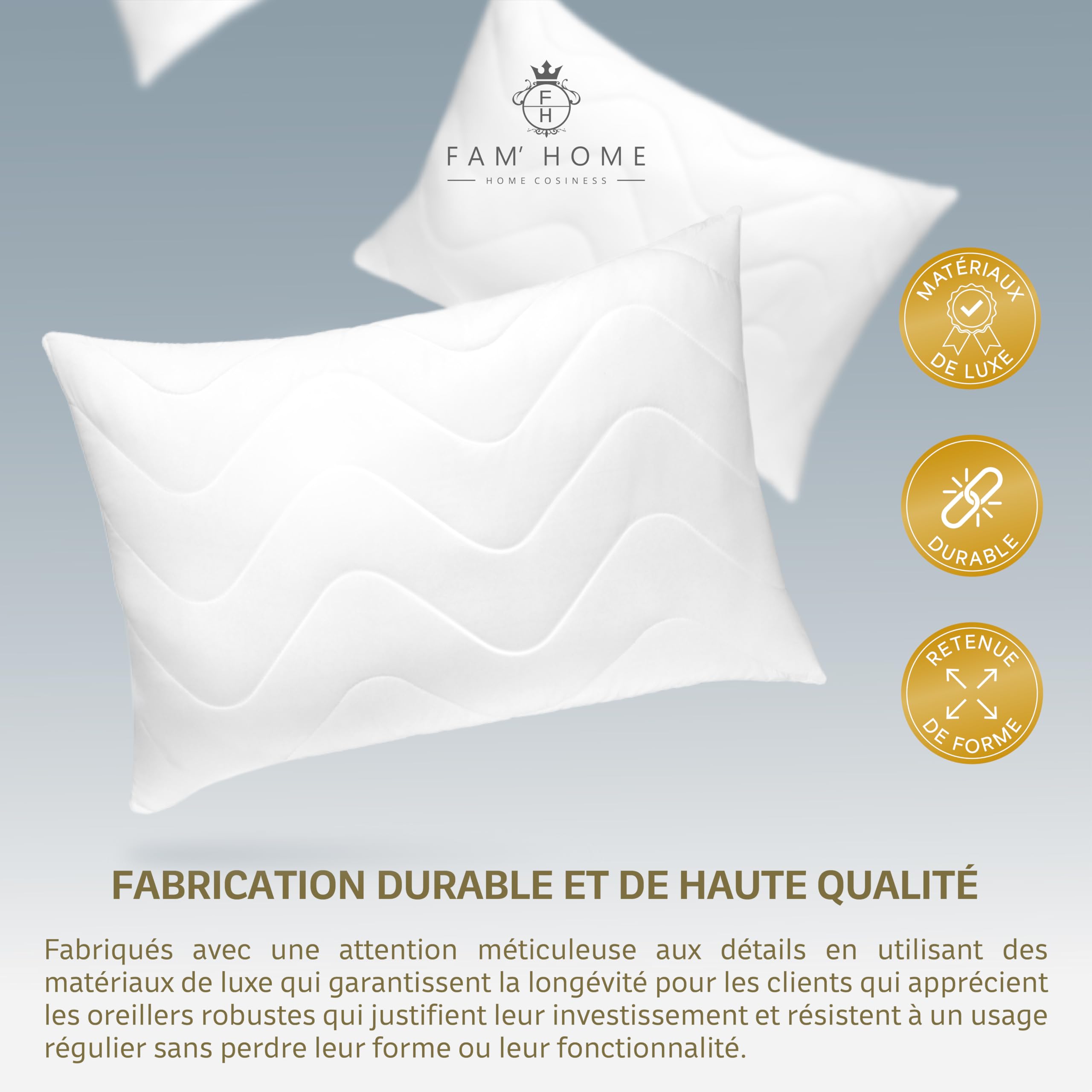 FAM' Home de Luxe Coussin 50x70 Lot de 2 - Garnissage volumétrique (720g) - Blancs ergonomiques - Entretien Facile - Lavable Jusqu’à 95 °C - Moelleux Oreiller 50x70 Hypoallergéniques - Anti acarien