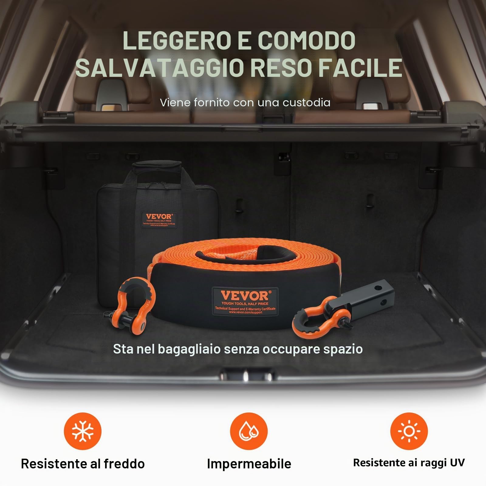 VEVOR Kit di Recupero Cinghia da Traino in Poliestere Resistente, Fune per Verricello da 76,2 mm x 9,1 m, 16329 kg, Tripla Fibbia Rinforzata, Cinghia a Strappo, Ricevitore con Gancio a Grillo 50 mm