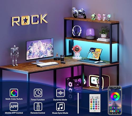 Miniatura 5 de HOOBRO BF18UDDN01 - Escritorio para juegos en forma de L, escritorio reversible para computadora de 46 pulgadas con luz LED y toma de corriente,