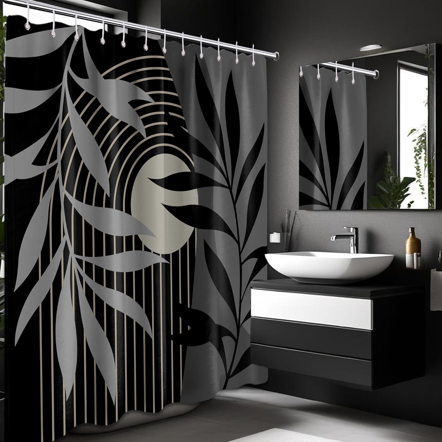 Boho Black and Grey Shower Curtain, Mid Century Modern Black and Gray Shower Curtains for Bathroom, Waterproof Fabric Set with Hooks, (70" W X 78" L)