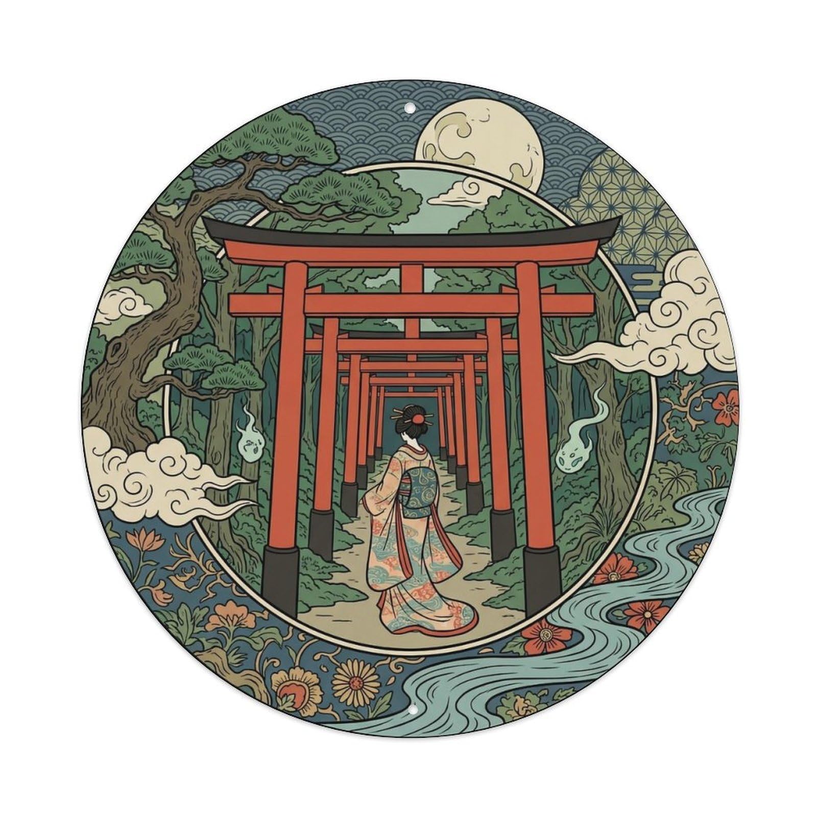 Yrnq 8X8inch Vintage Style Japanese Geisha Forest Torii Gates Pathway Shrine Metal Tin Sign