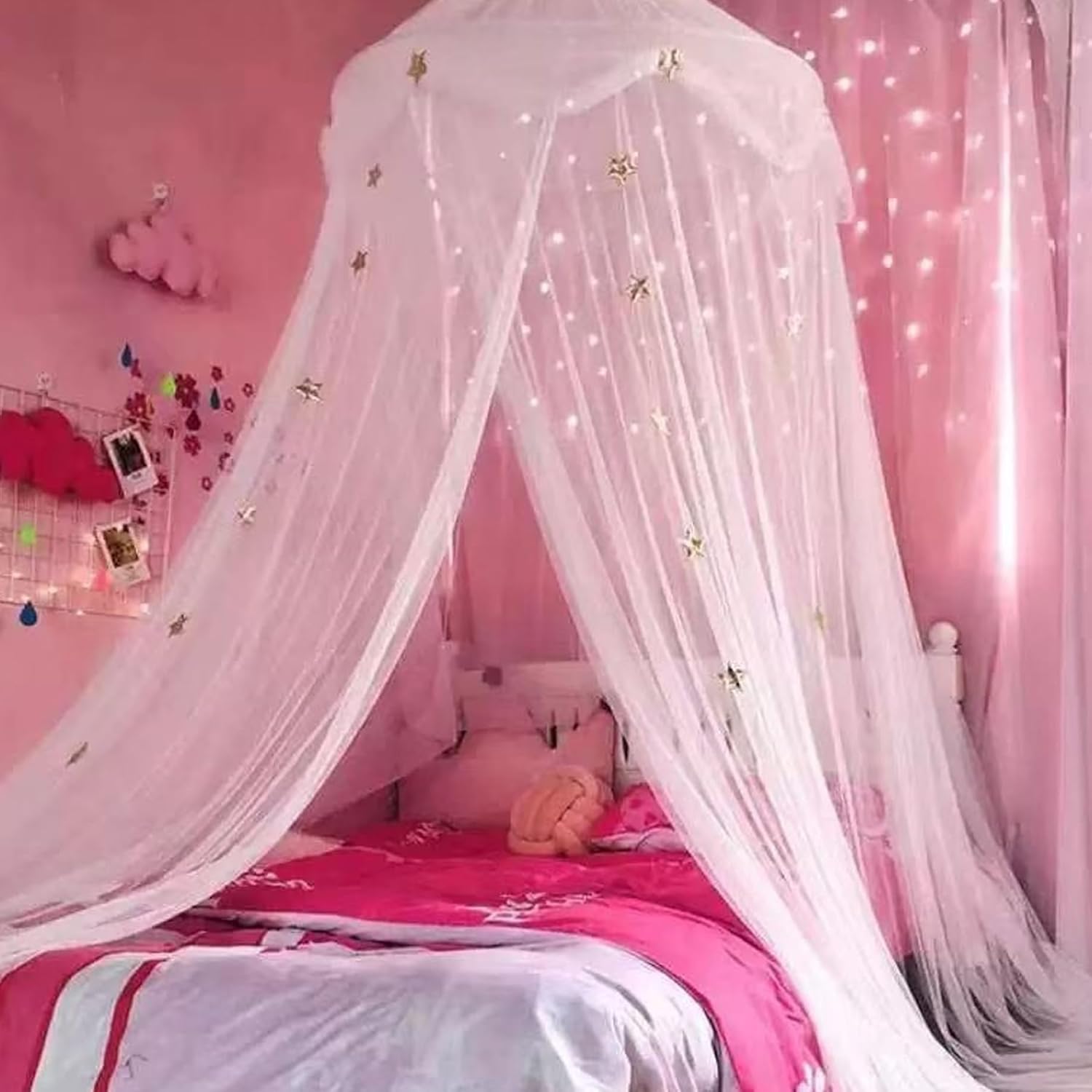 Bed Canopy with Lights & Gold Star Bed Canopy for Girls Extra Large Dome Foldable USB Girls for Kids Boys Twin Full Queen Size with Lights, for