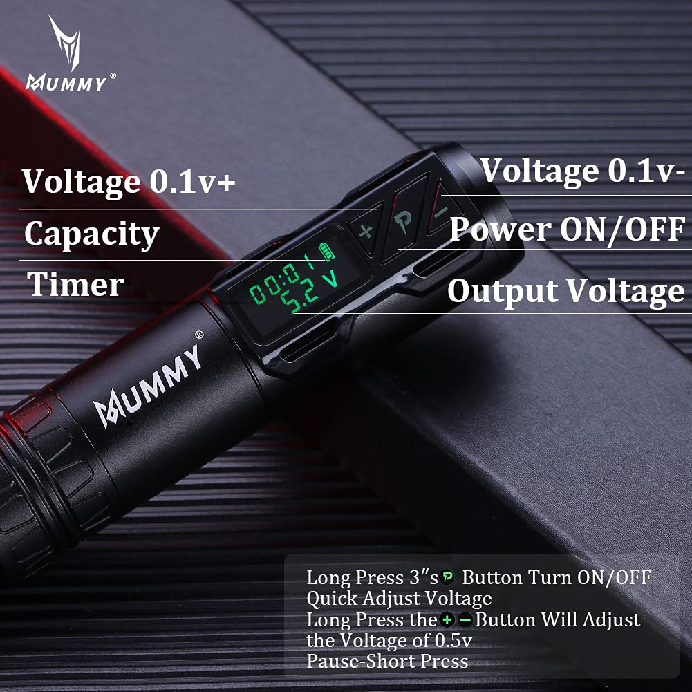 Mummy Tattoo Rotary Battery Pen Tattoo Cartridge Machine Rotary Pen with 1800mAh Power Coreless Motor Digital LED Display Tattoo Equipment Supply(black)