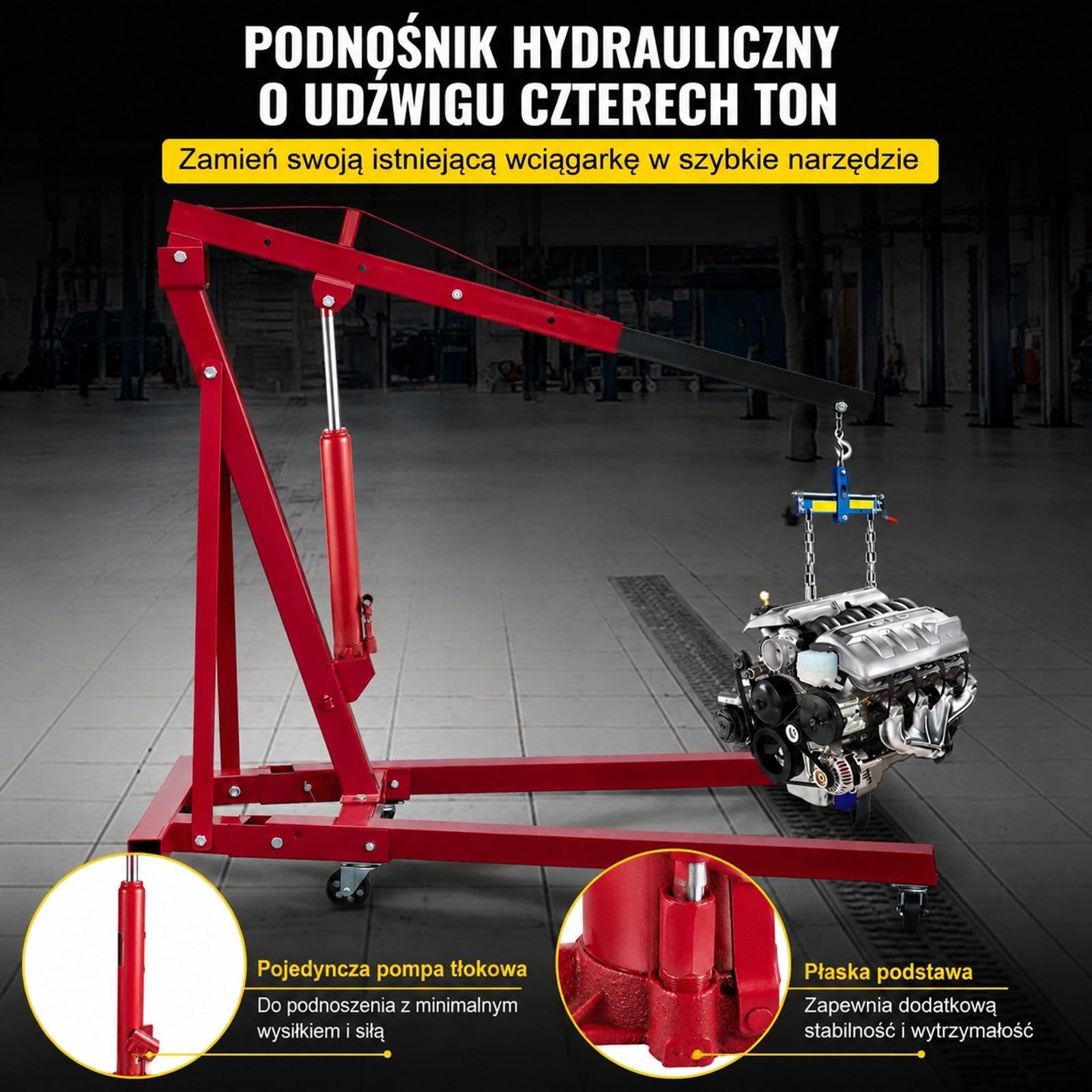 Czerwony hydrauliczny podnośnik słupkowy 4 t ze stalowym cylindrem, pompą jednotłokową, płaską podstawą i uchwytem do żurawi garażowych i warsztatowych