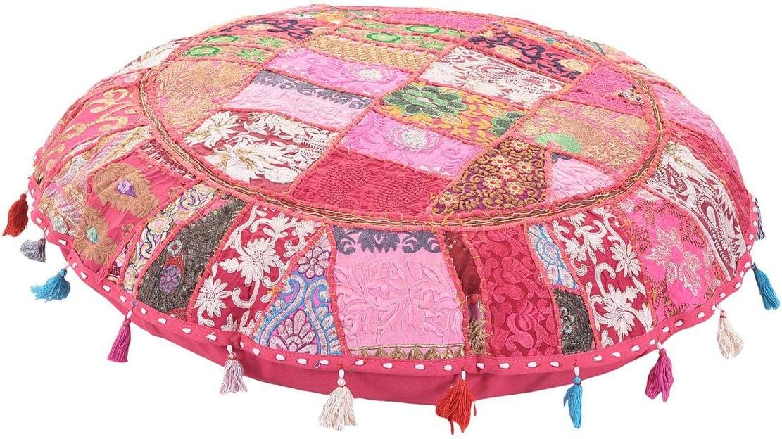 GANESHAM Indian Handmade Vintage Patchwork Cotton Boho Chic Bohemian Hand Embroidered Decorative Ethnic Foot Stool Round Floor Pillows & Cushion Cover Seating Pouf Ottoman (Pink, 32 inch)