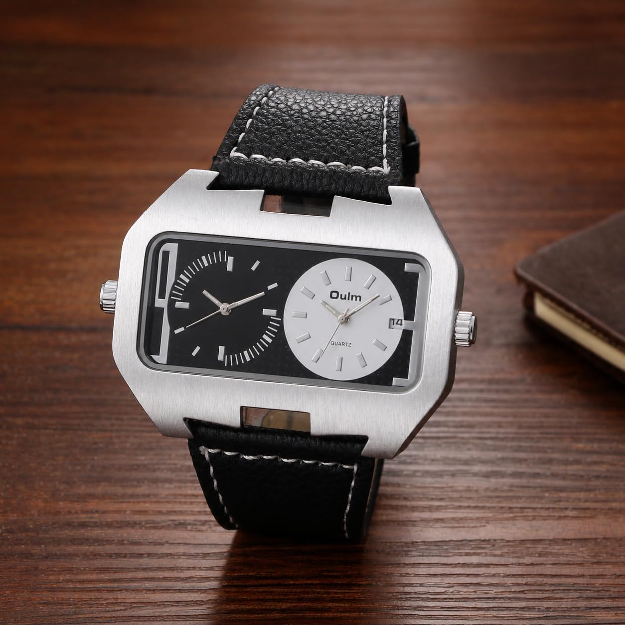 OIDEA Reloj de cuarzo con fecha de doble hora, esfera cuadrada grande