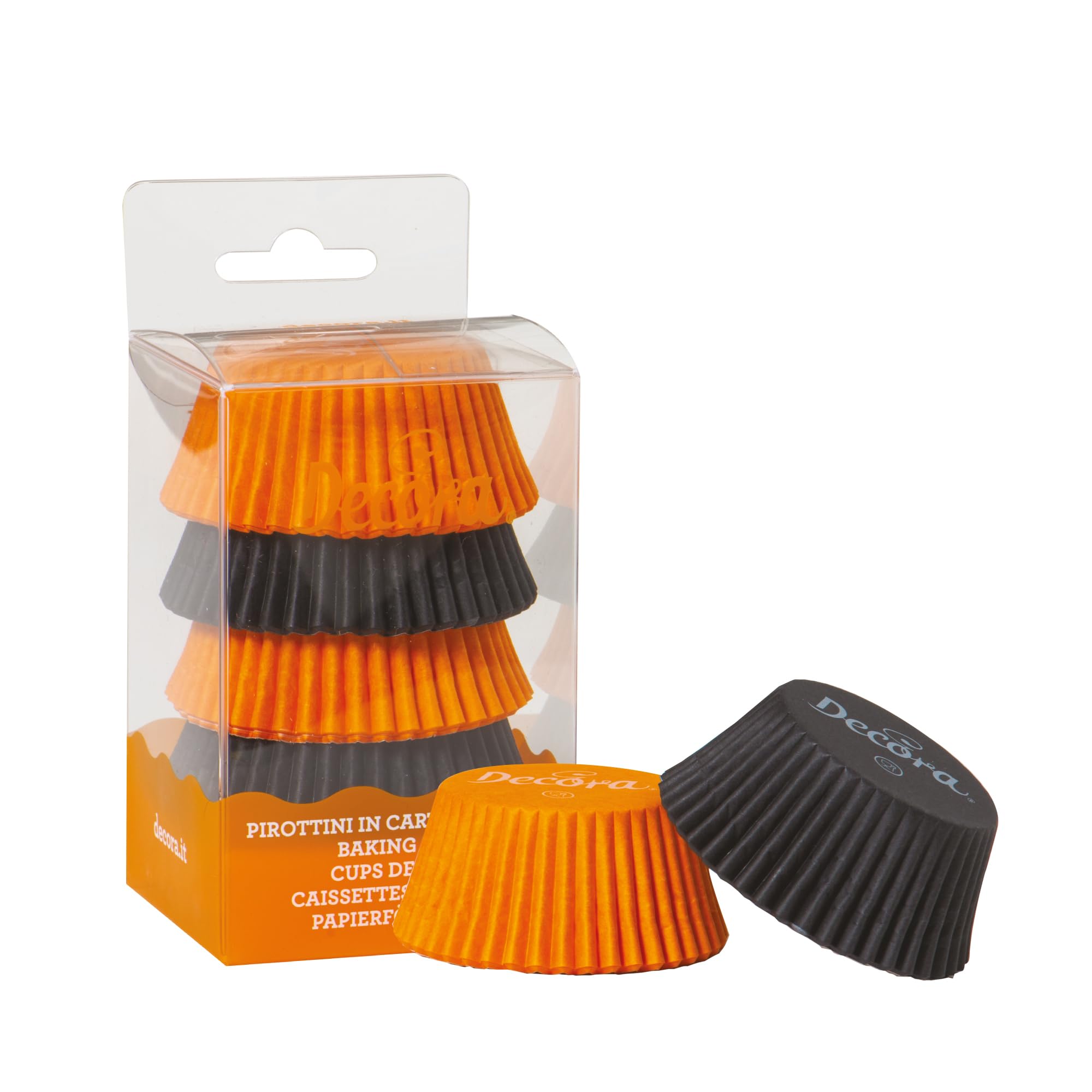 DECORA, 0339645 Pirottini Arancio E Nero, Comodissimi Pirottini per Cuocere, Presentare e Regalare Muffin, Resistono fino a 220°, In comodo Blister