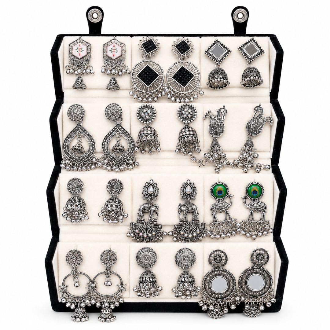 Fashion 12 Pairs Oxidised Silver Plated Jhumka Earrings with Velvet Jewelry Organizer Box for Women | Traditional Ethnic Earrings Combo | Raksha Bandhan, Festive & Wedding Gift Set (EC03)-image-40