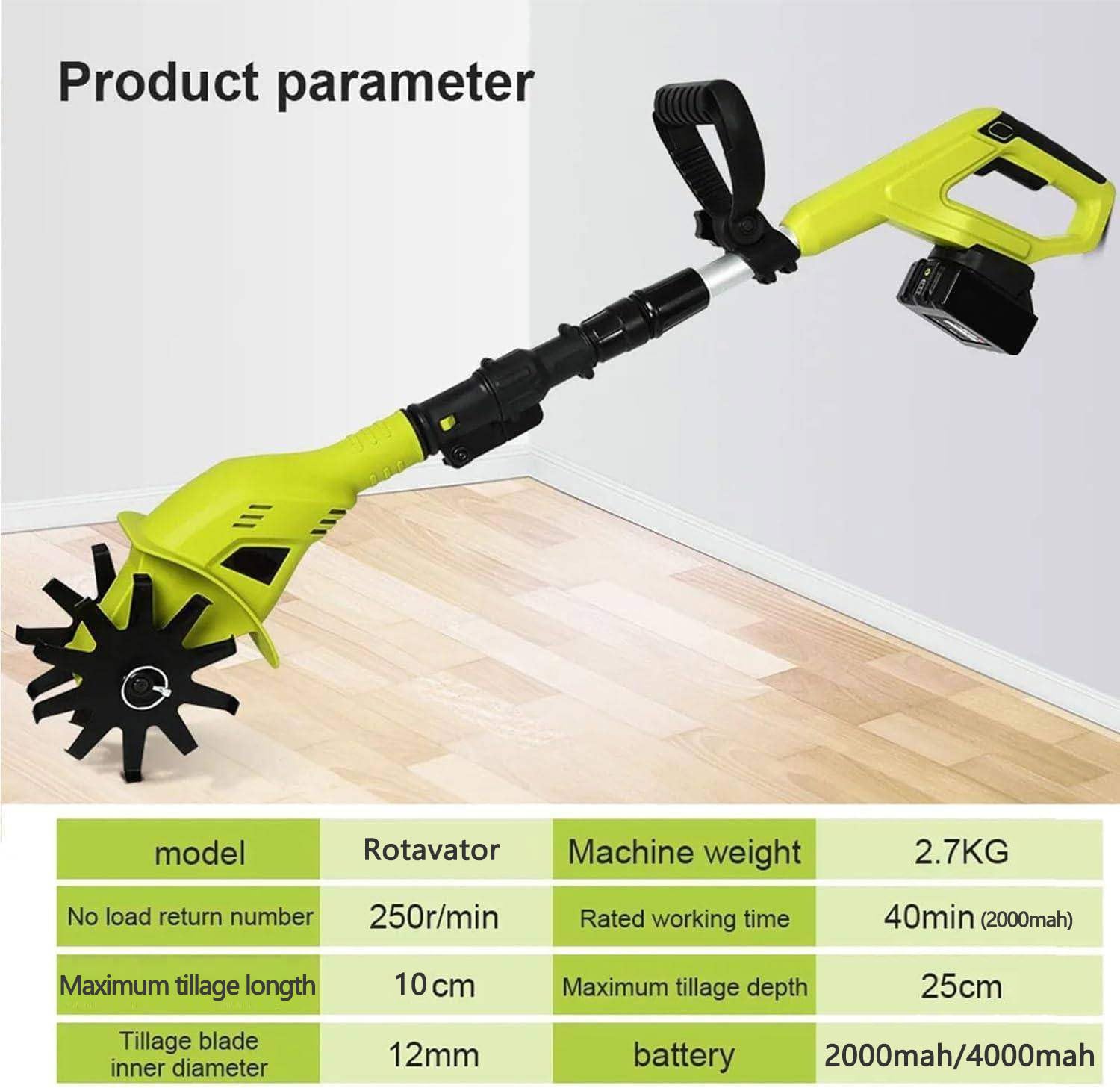 Zappa Elettrica da 20 V, Motore Senza Fili, Piccola Zappa da Giardino, Coltivatrice con Batteria da 2 Ah E Caricabatteria per Arare, Girare Il Terreno, Aprire Solchi, Diserbare,2batteries